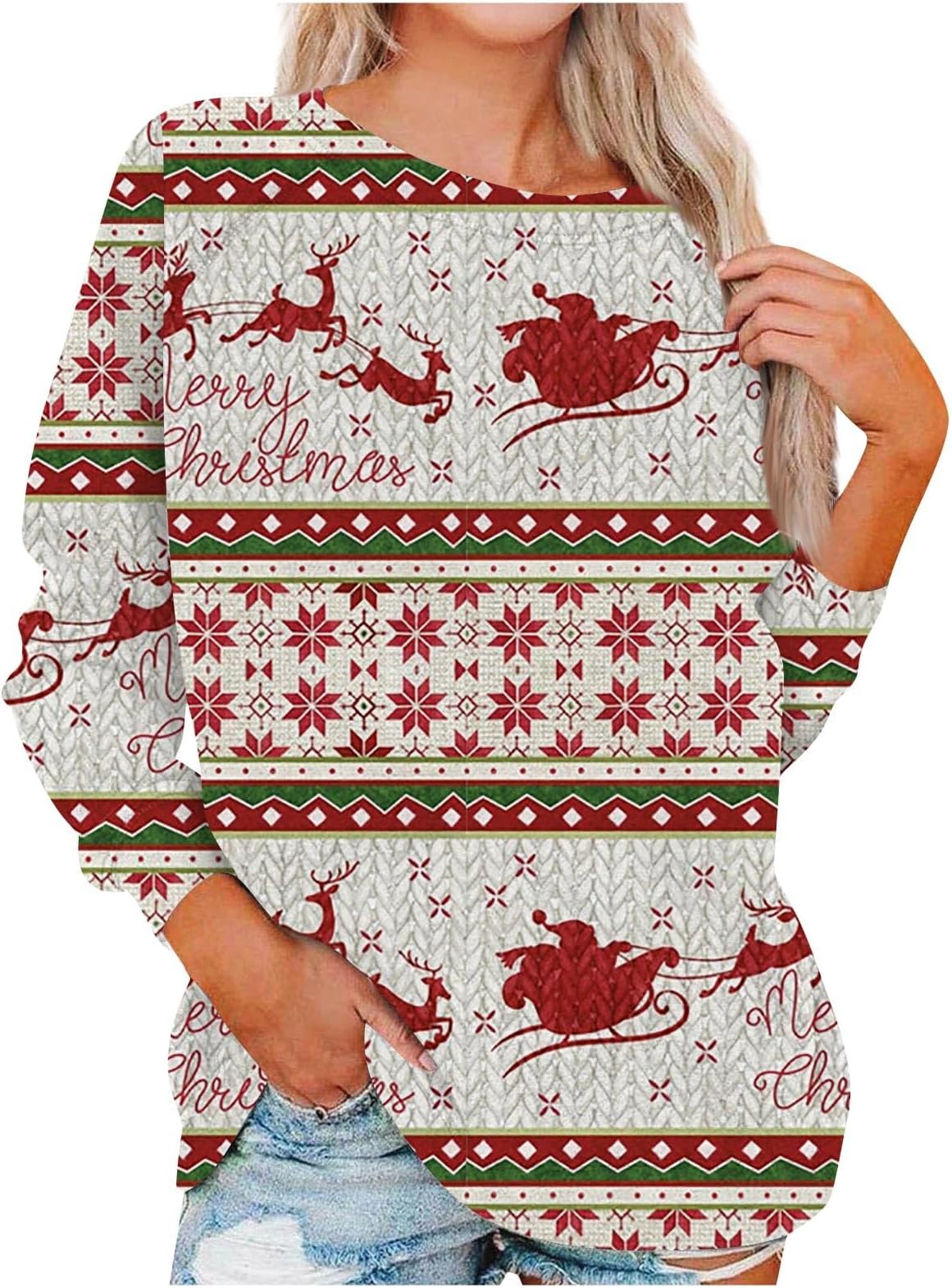 CUCUHAMChristmas Tunics for Women Merry and Bright Tshirts Tunic Tops Snowflake Funny Crew Neck Long Sleeve Blouses