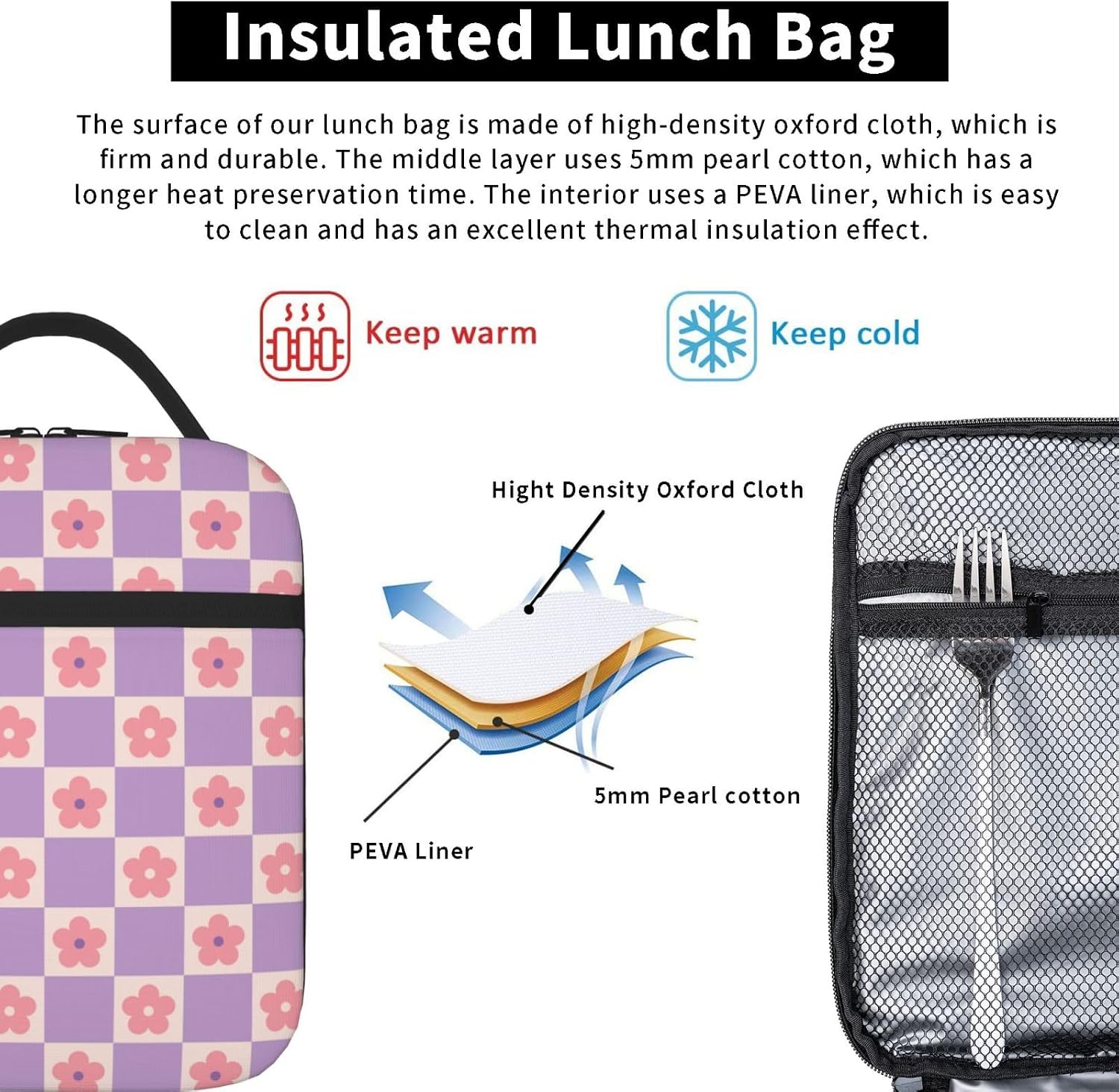 Checkered Pink Flower Insulated Lunch Bag,Kids Lunch Box for Girls Boys image 4
