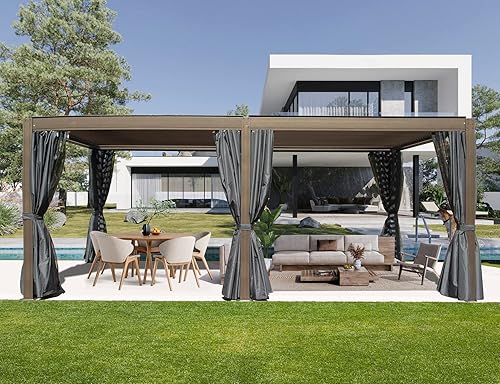 Domi - Pergola con listones de 12 x 20 pies, pérgola de aluminio para exteriores con techo ajustable, cortinas y red, cenador de tapa dura para