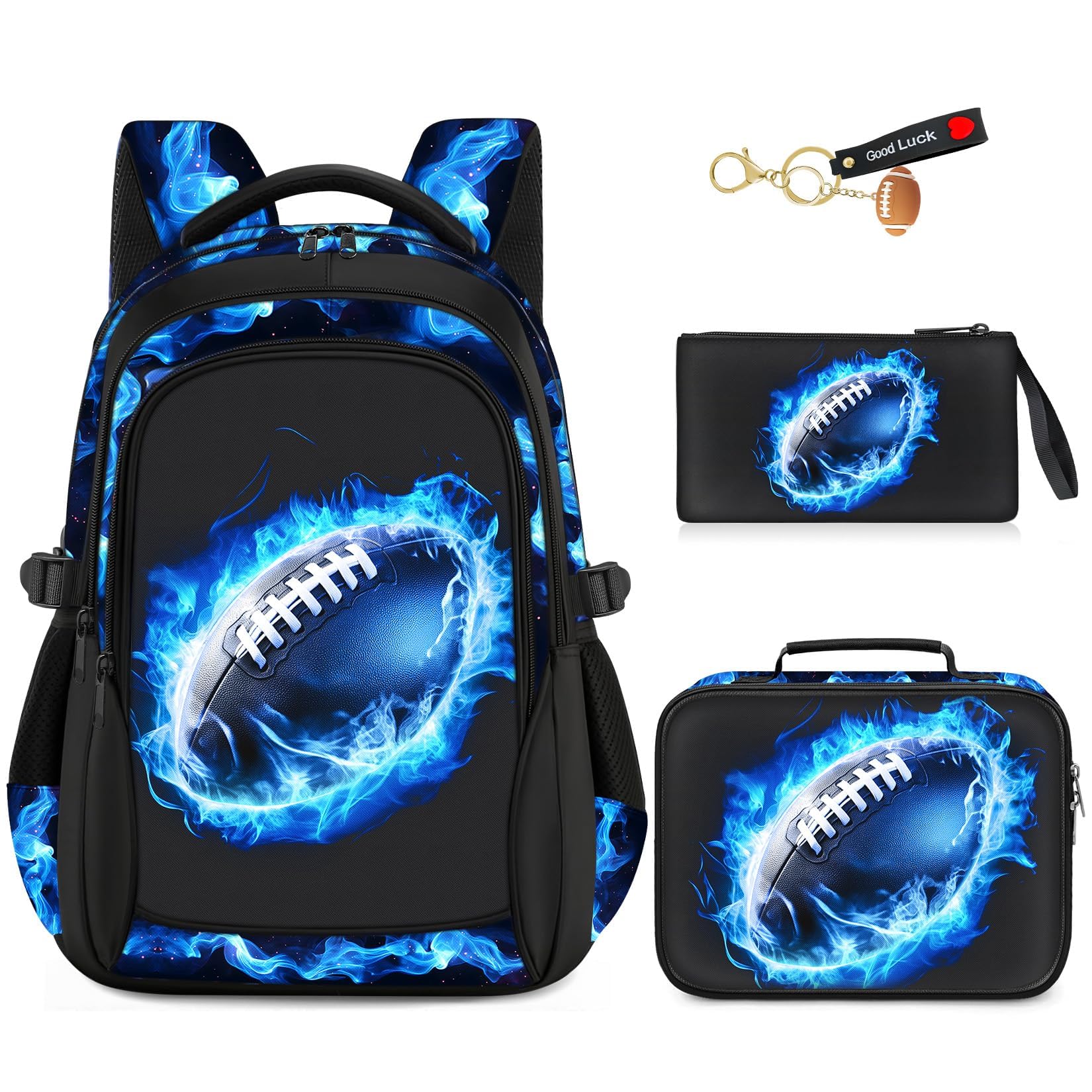 ZHIMEBYE School Backpacks for Boys - 4pcs American Football Boys Backpacks with Lunch Box Set for Kids Teens Elementary Middle School, 17″ Large