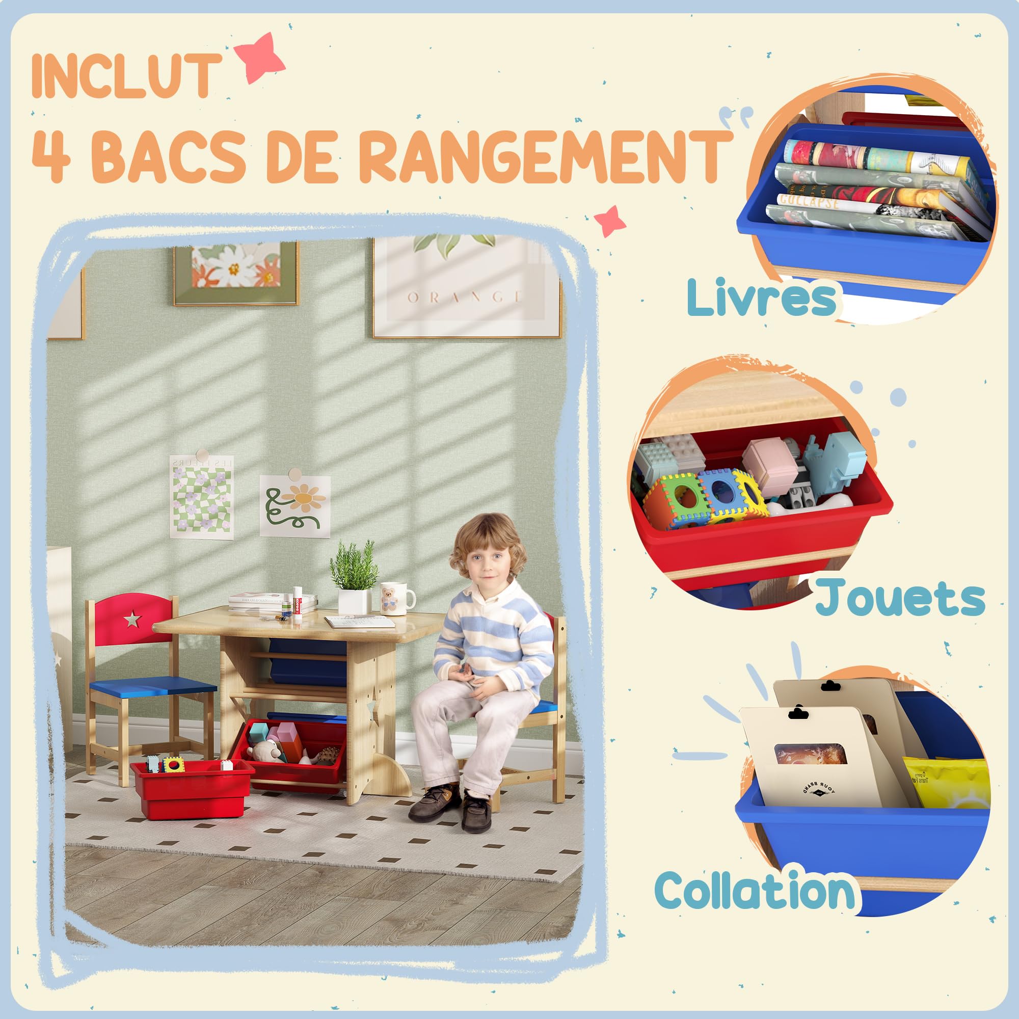 AIYAPLAY Table Enfant avec 2 chaises, Ensemble 3 pièces en Bois, 4 bacs de Rangement, pour Enfants 3-7 Ans