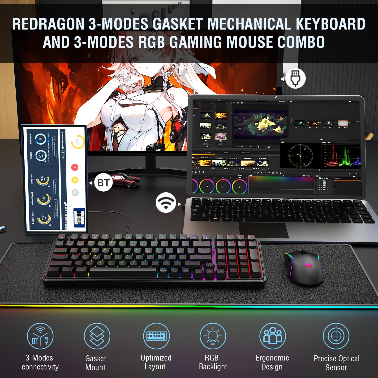 Redragon S162 Combinación de teclado y ratón inalámbrico para juegos de 3 modos, 99 teclas K744 RGB y 8000 DPI M693 para juegos