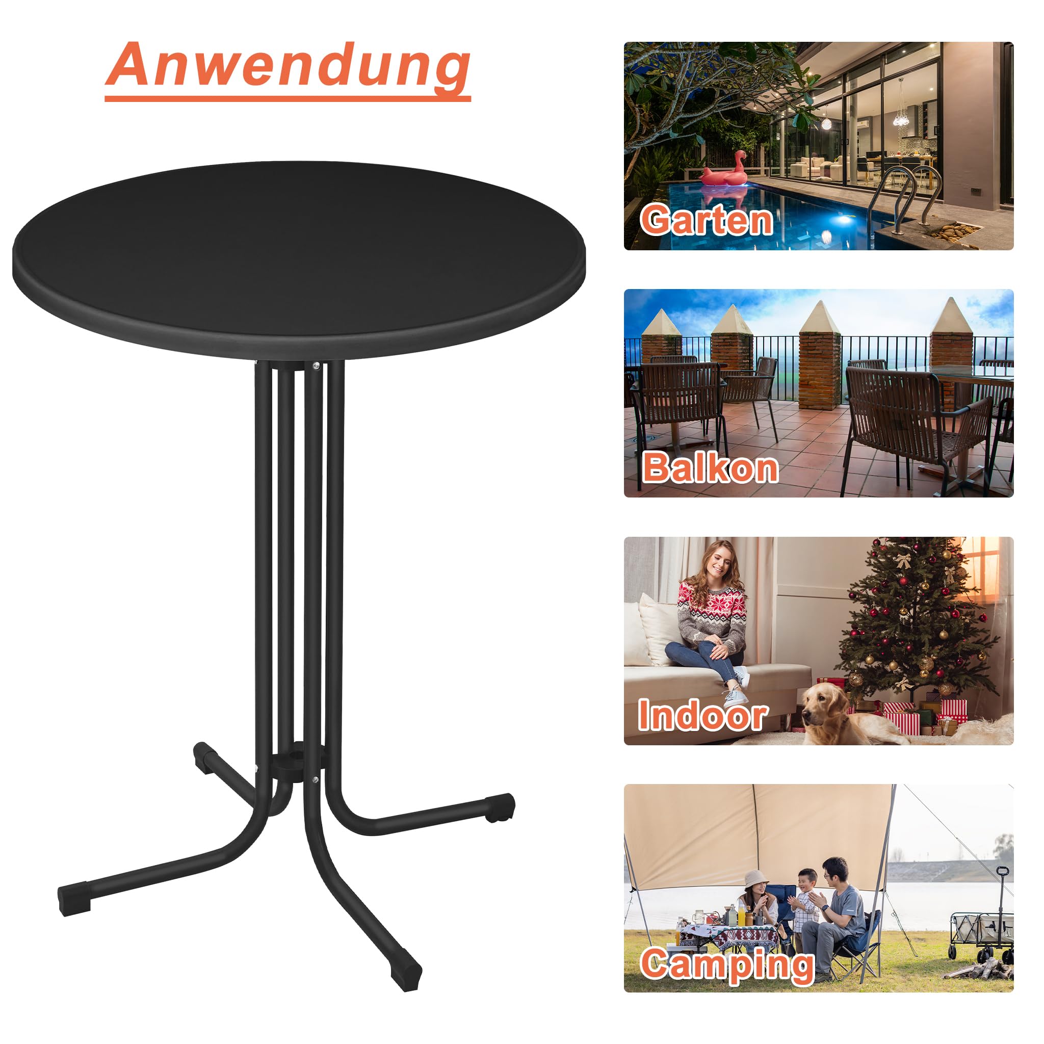 XMTECH Table haute pliable - Diamètre : 80 cm - Table de bistrot ronde - 110 cm de haut - Résistante aux intempéries - Pied réglable en hauteur - Table de jardin, de fête, pour l'intérieur et