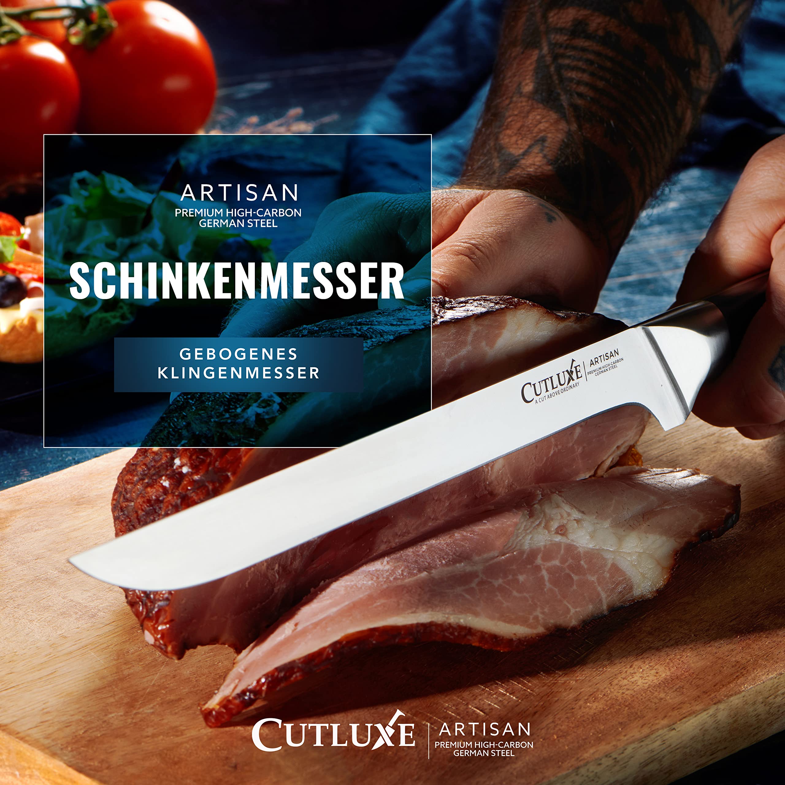 Cutluxe Schinkenmesser - 25cm Tranchiermesser für Fleisch und BBQ - Scharfes Messer aus deutschem Stahl - Volltang und ergonomisches Griffdesign - Artisan Serie