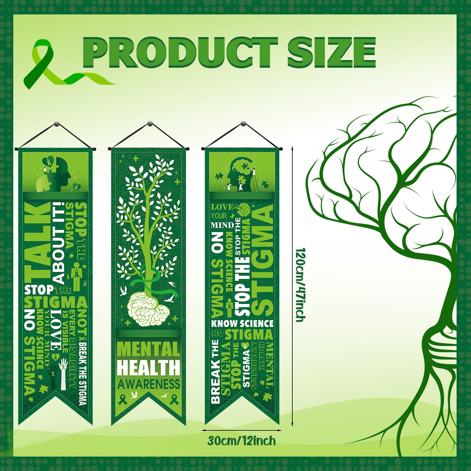 Blulu 3 Pcs Mental Health Awareness Banners Motivational Porch Signs 47''x12'' Inspirational Green Ribbon Awareness Banner Decorations for Indoor Outdoor Door Wall Mental Health Month Party Supplies - Image 4