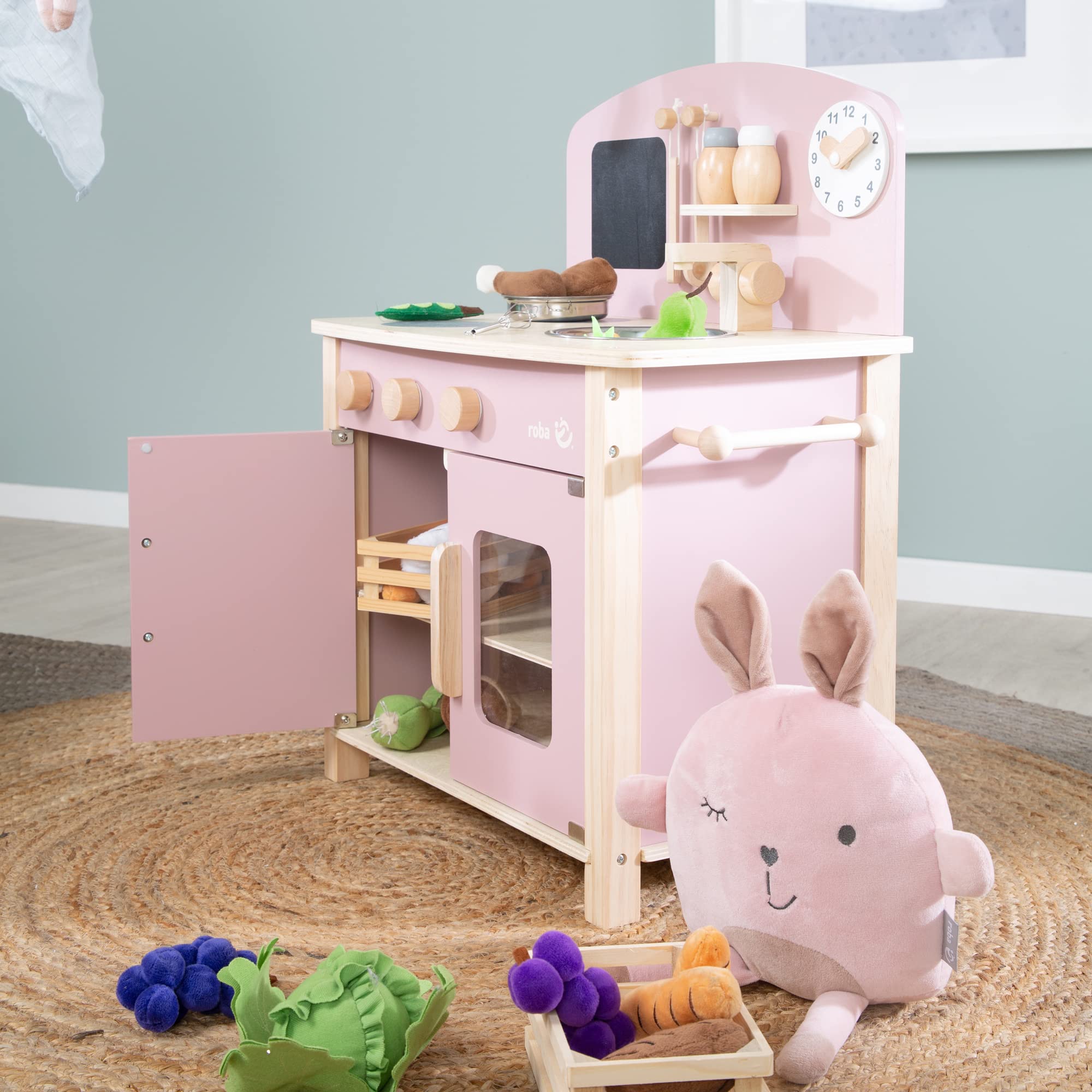 roba Cuisine Enfant en Bois - avec Plaque de Cuisson + Évier et Accessoires en Métal et Bois - à Partir de 3 Ans - Rose