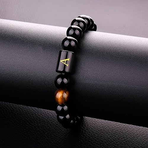 Miniatura 5 de 10MM Black Onyx Stone Initial Bracelet for Men Letter Link Handmade Tiger Eye Bead Braided Rope Bracelet Gifts Mens Bracelet (A)