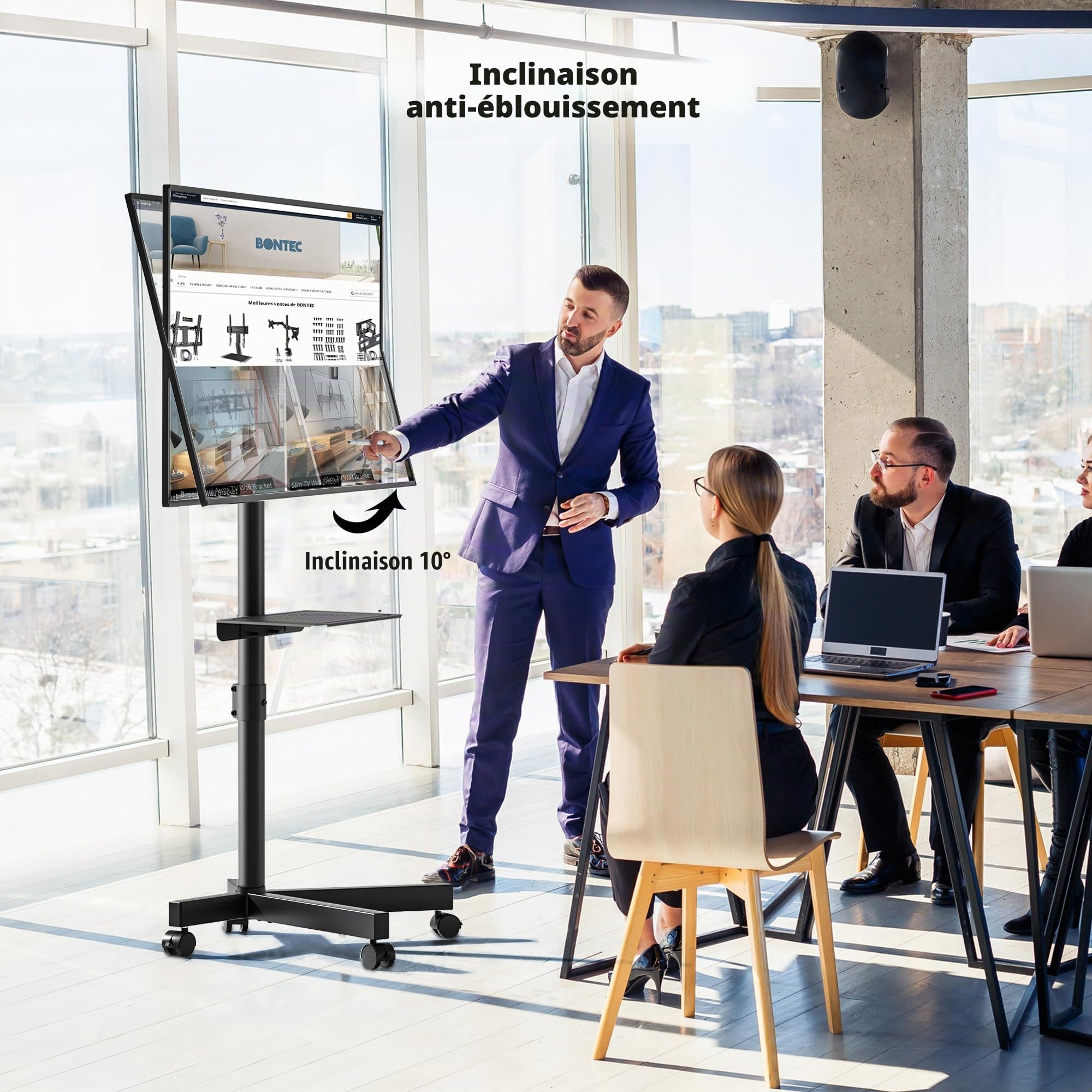 Support TV BONTEC sur Roulettes pour Téléviseurs 23-60 Pouces, Pied Réglable en Hauteur, Max VESA 400x400mm, 40 kg