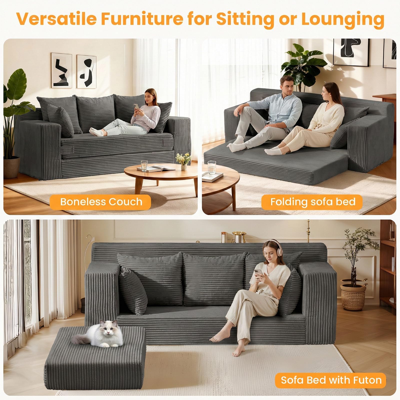 The Best 3-Seater Sofas in 2026 5 Oversized Boneless Loveseat, 3 Seater Pull Out Convertible Sofa Bed, 70' Gray Bo — product photo