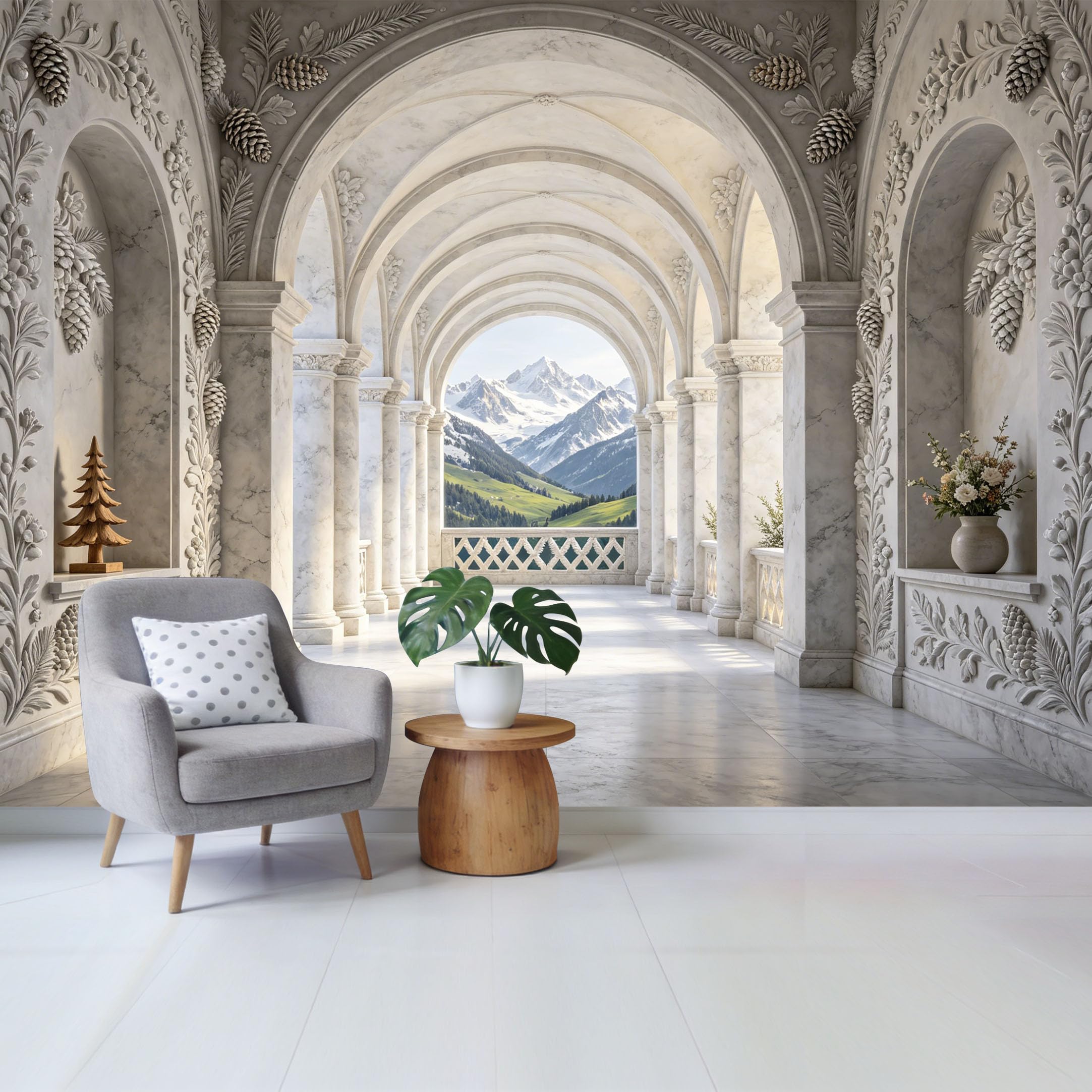 Removable Self Adhesive Fabric Mural， Neoclassical Marble Archway Mountain View Custom Size Wall Covering， UV Protected Waterproof Washable Wall Decor for Living Room Bedroom Bathroom