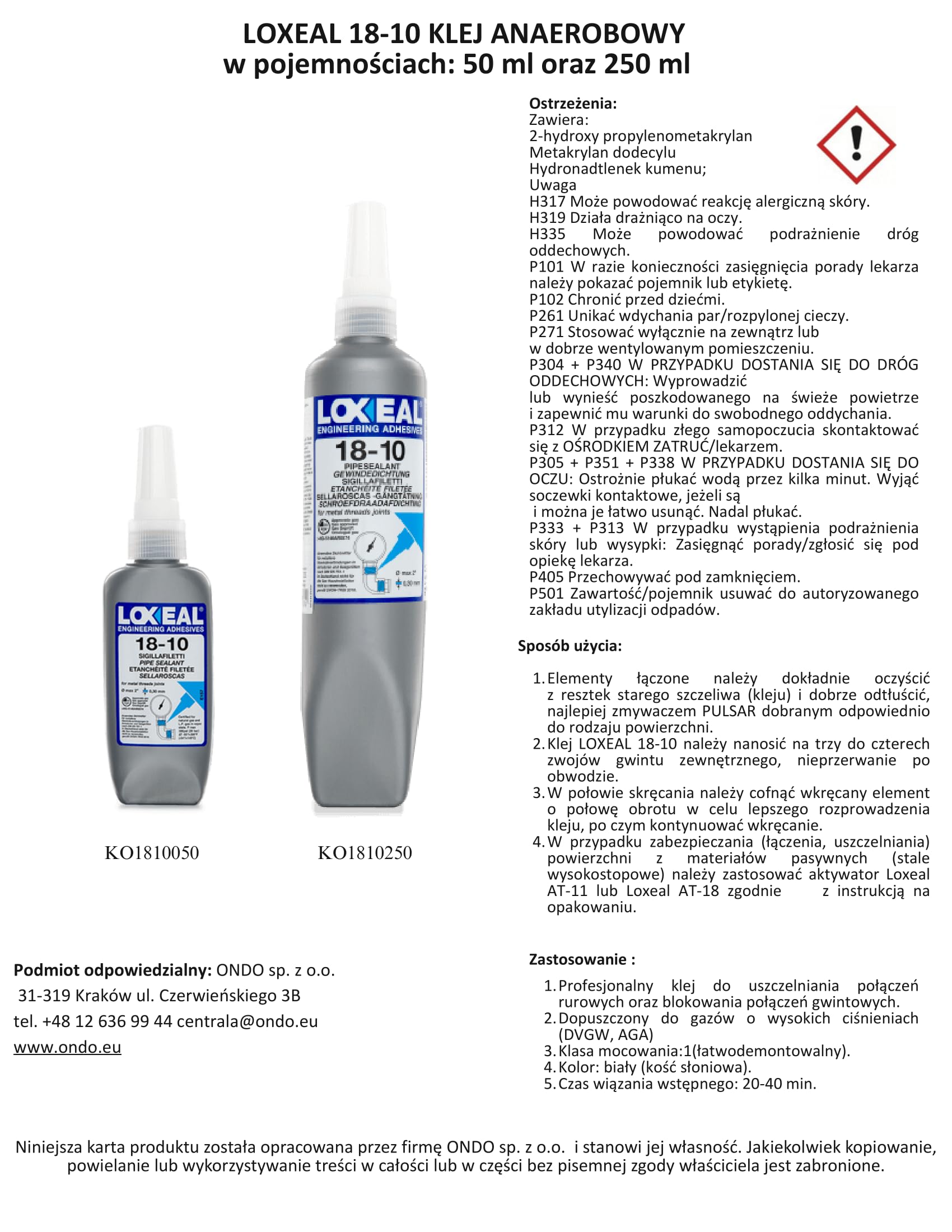 LOXEAL 18-10 KLEJ DO GWINTÓW ŁATWY DEMONTAŻ 250 ml