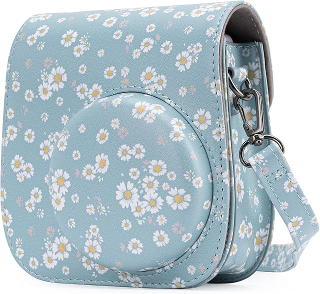 Frankmate Protective Case Compatible with fujifilm Instax Mini 11/9/8/8+ Instant Film Camera with Accessory Pocket and Adjustable Strap (Flowers Dark Blue)