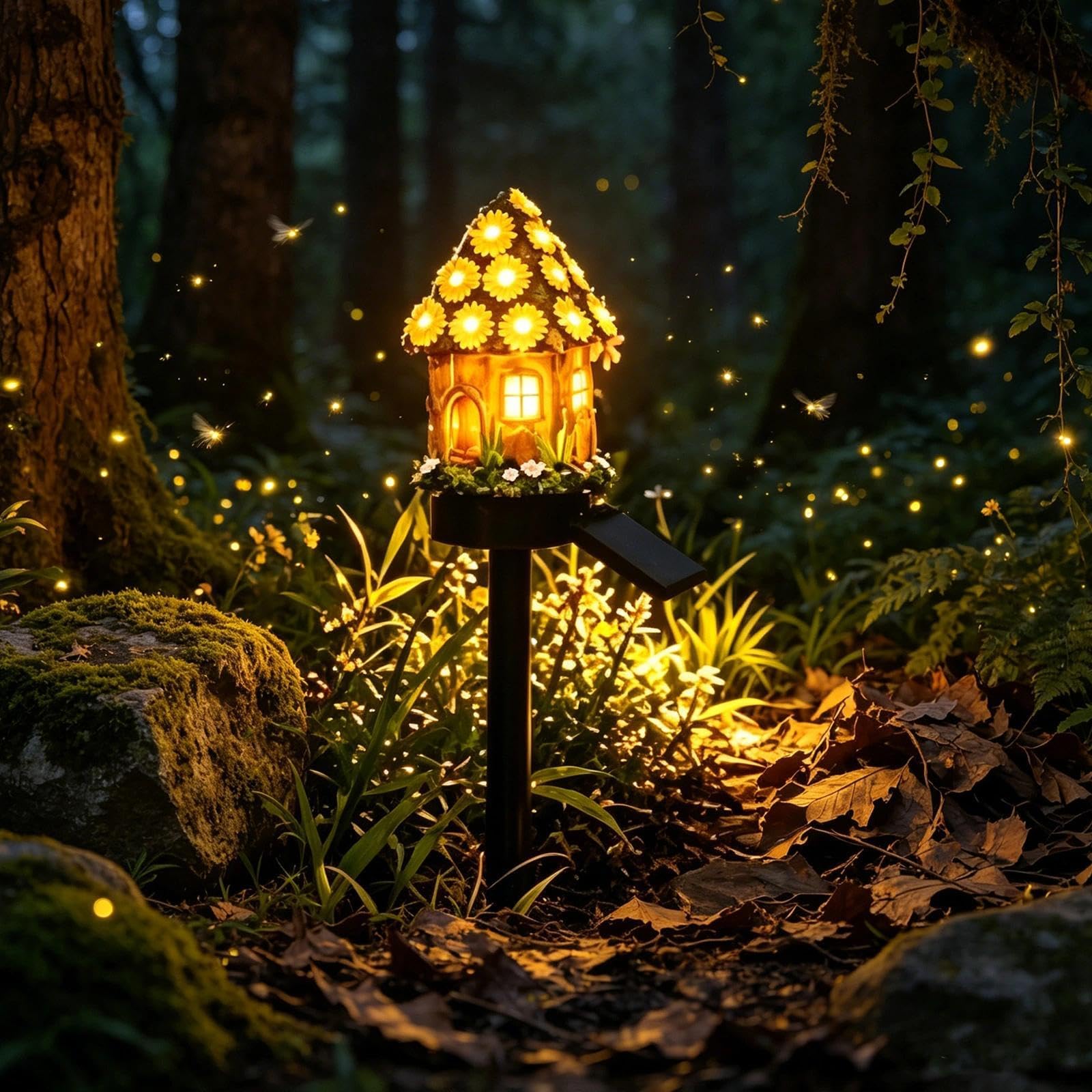 Introti Yellow Solar Mushroom Cottage Garden Light, Waterproof Led Fairy House Outdoor Lamp, Auto On/Off Resin Pathway Light For Patio Lawn Flower Bed Yard Decor