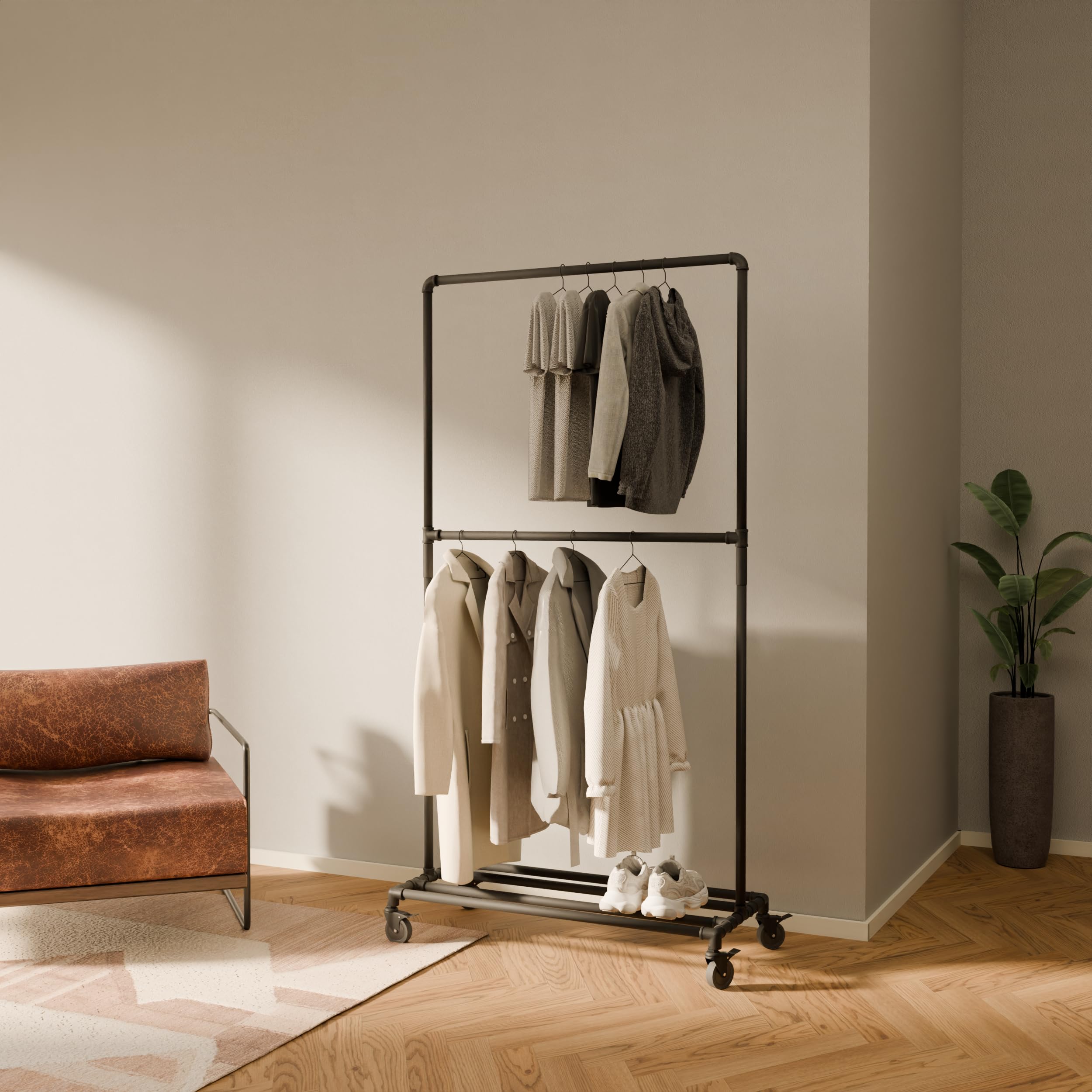 pamo Industrial Pipe Clothing Rack - 130 lbs Capacity - Portable & Free Standing Clothes Rack with Wheels, Walk In Closet for Wardrobe