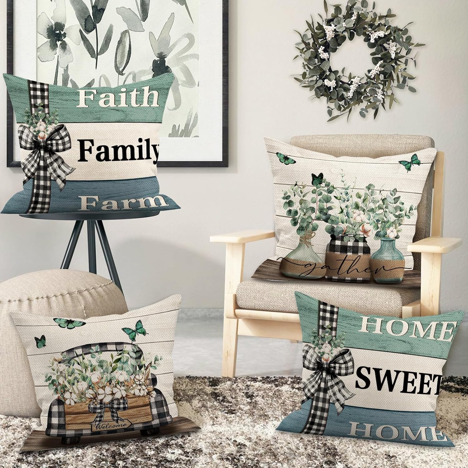 MEHOFOND Eucalyptus Leaves Pillow Covers 18x18 Inch Set of 4 Green Farmhouse Home Sweet Home Throw Pillow Covers Truck Stripes Buffalo Plaid Outdoor Decor Pillowcase Cushion Case for Sofa Couch image 4