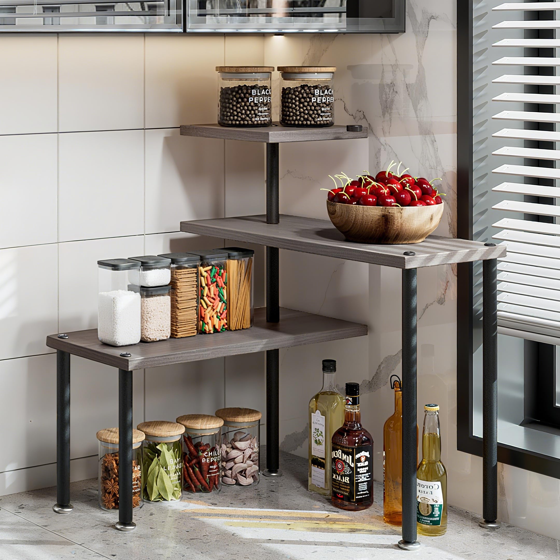 Dazioter Countertop Organizer Organization 3 Tier Kitchen Corner Shelves Adjustable Spice Storage Rack for Bathroom Coffee Area Over Sink (Dark Gray
