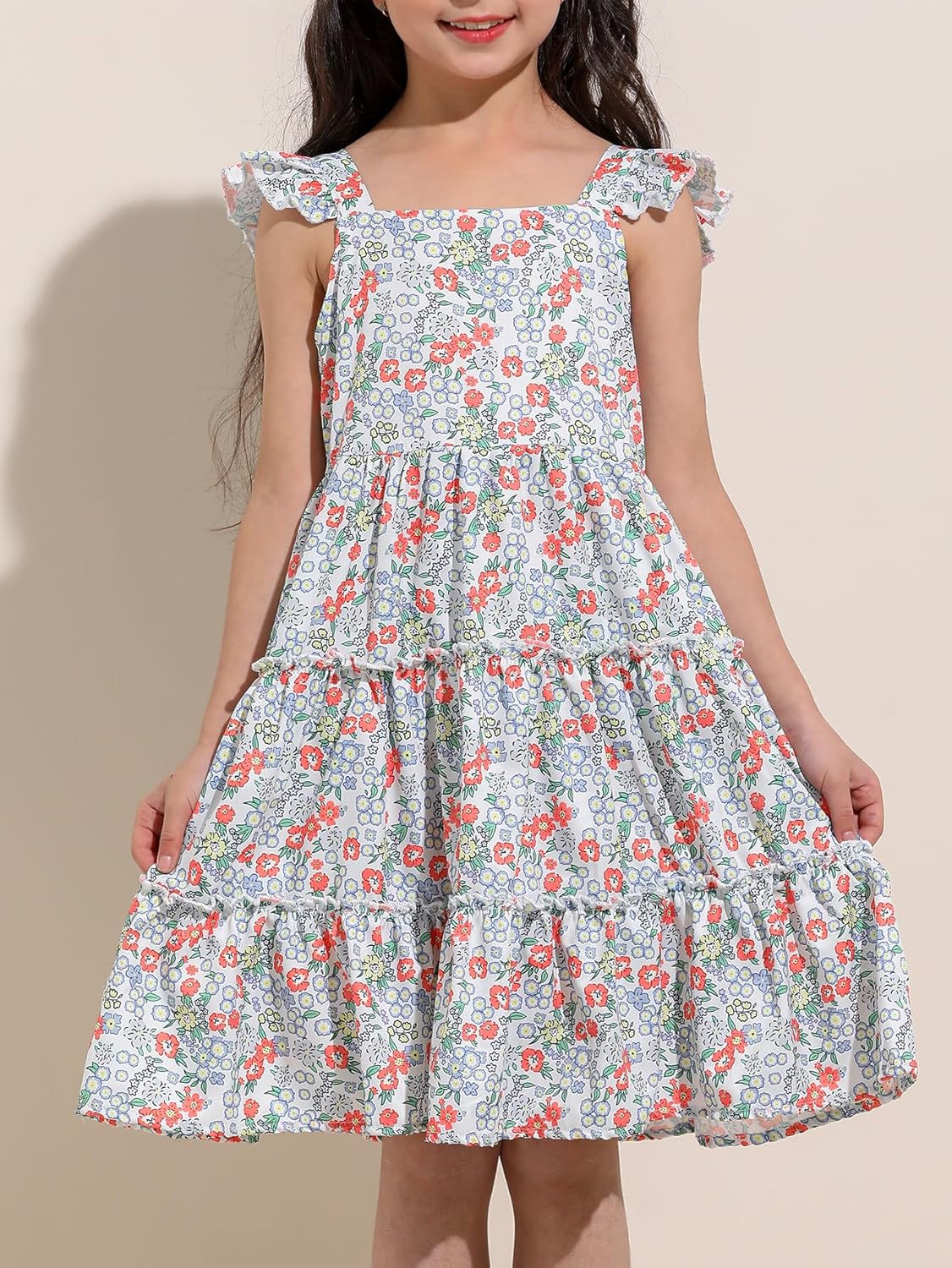 Jolyshlid Girl Summer Dress Floral Ruffle Sleeve A Line Swing Casual Dresses Tie Back Cute Tiered Sundress 4-12Y - Image 2
