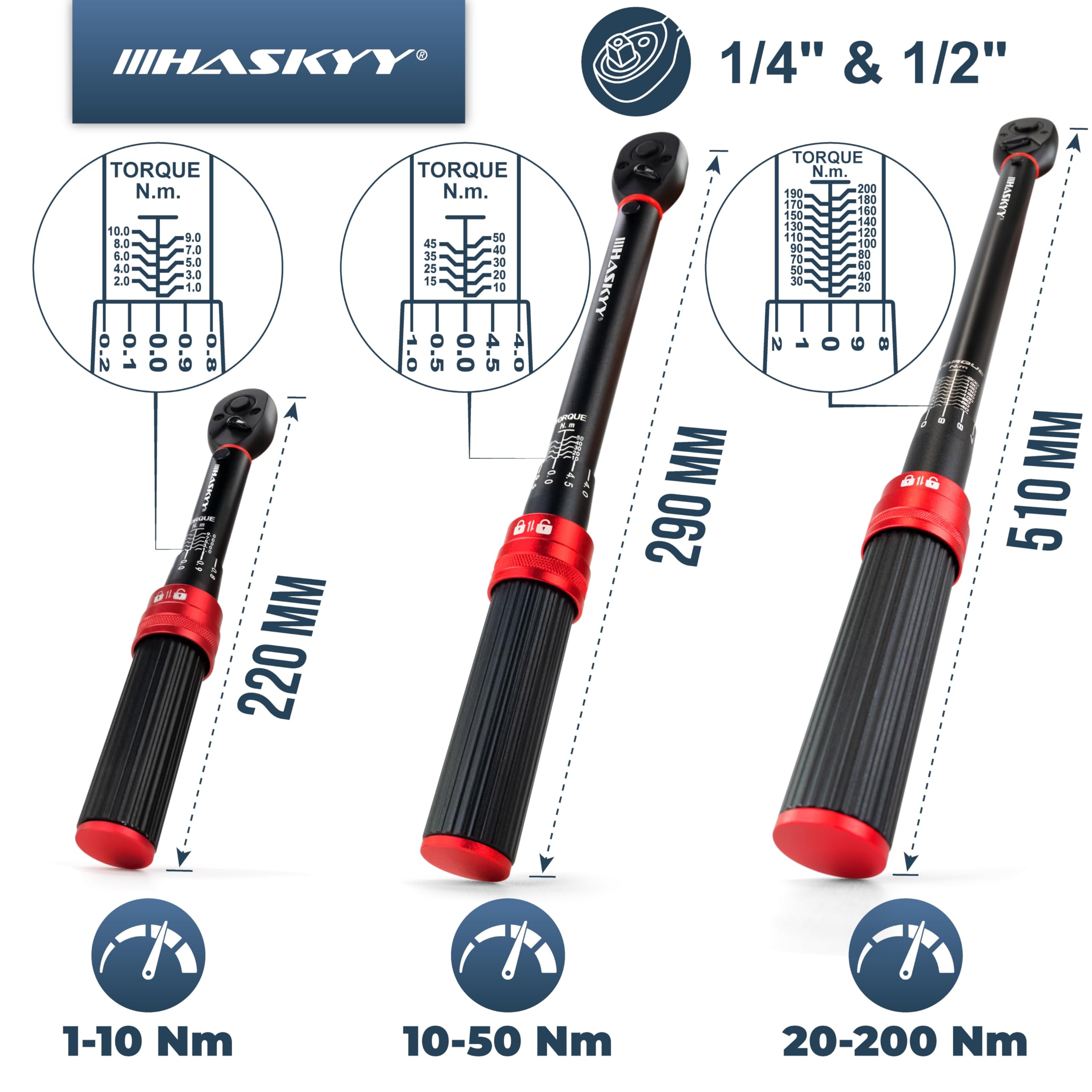 HASKYY Jeu de clés dynamométriques 1/4", 1/2", 1-10 Nm, 10-50 Nm, 20-200 Nm, 3 pièces, pour vélo, moto, moteur, automobile, industrie, voiture, couple à cliquet