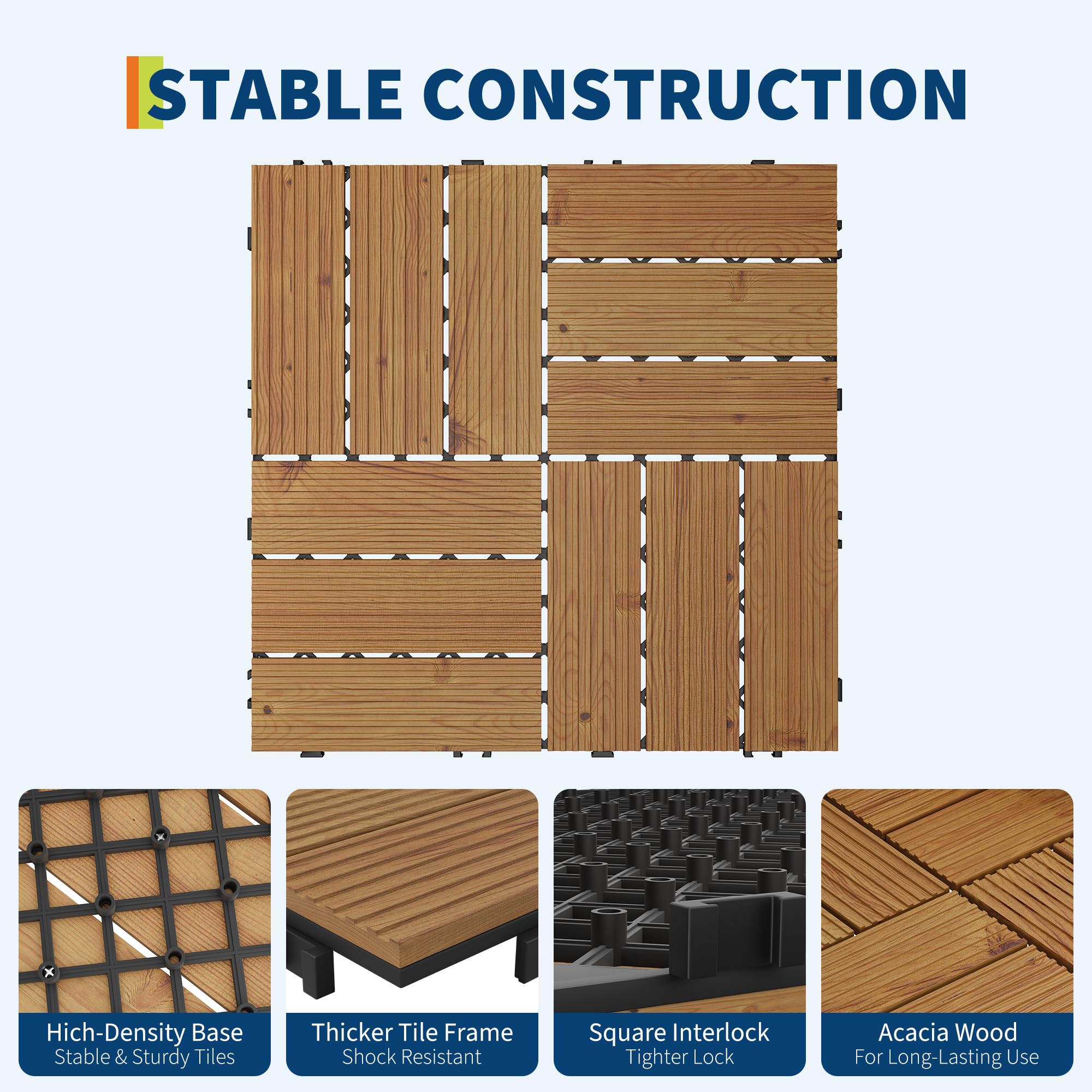 GarveeHome Wetterfeste & rutschfeste Akazienholz Terrassenfliesen 30x30cm – DIY Klicksystem, einfache Installation, robust – Für Balkon, Garten, Pool & Outdoor – 22er Set – Braun lackiert, 22PCS/Set,