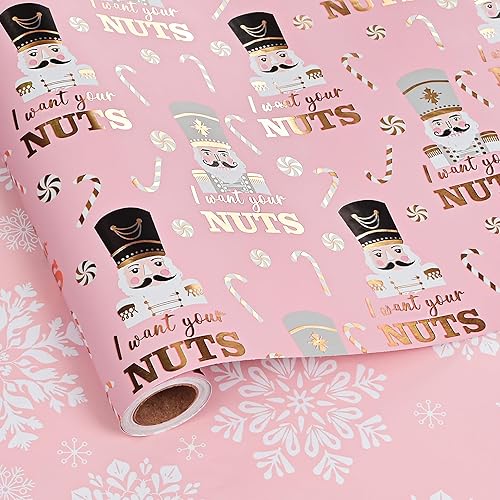Dlyrroba Reversible Christmas Wrapping Paper Roll - Metallic Foil Gift Wrap with Xmas Design for Holiday Winter (Funny Nutcracker - Pink, 30 In X 100 Feet)
