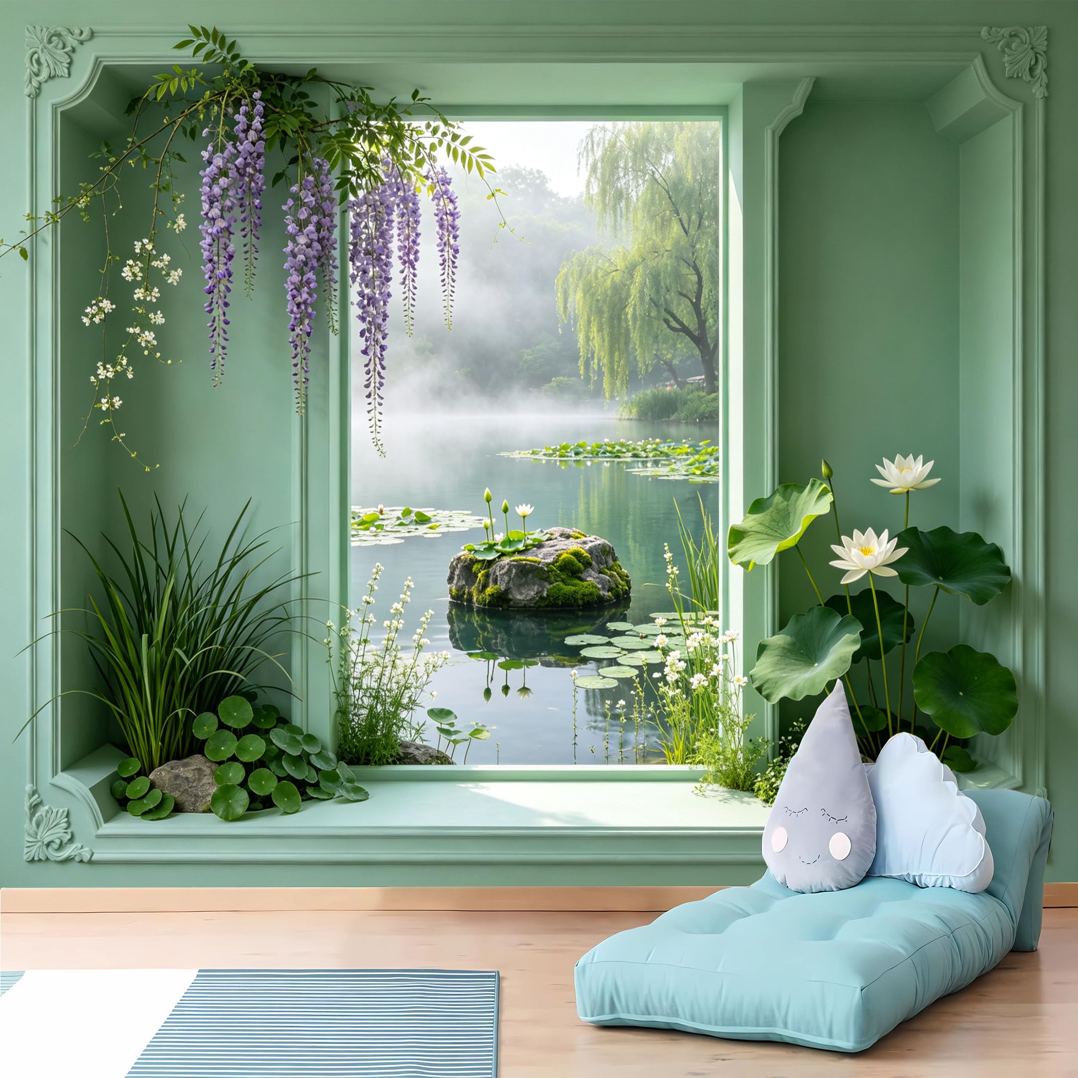 Custom Size Wall Murals Green Frame Misty Lake View Wall Murals Landscape Wallpaper HD Self-Adhesive Removable Wallpaper for Living Room Bedroom