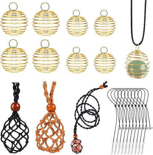 NOVWANG 20 soportes para collar de cristal, 2 piezas ajustables tejidas a mano con piedra de cuarzo con red, 8 jaulas de cuentas en espiral doradas