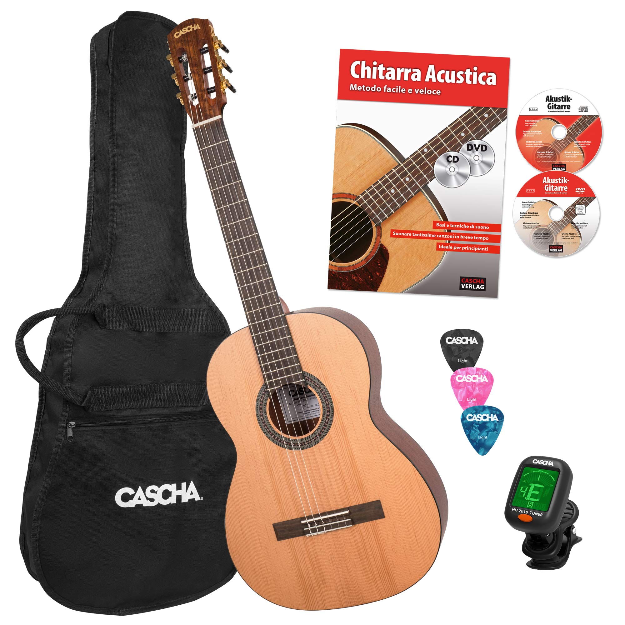 CASCHA 4/4 Classical Guitar Beginner Set per principianti, incluso libro di testo, accordatore, gigbag/borsa, 3 plettri, chitarra classica per bambini dai 10 anni per principianti