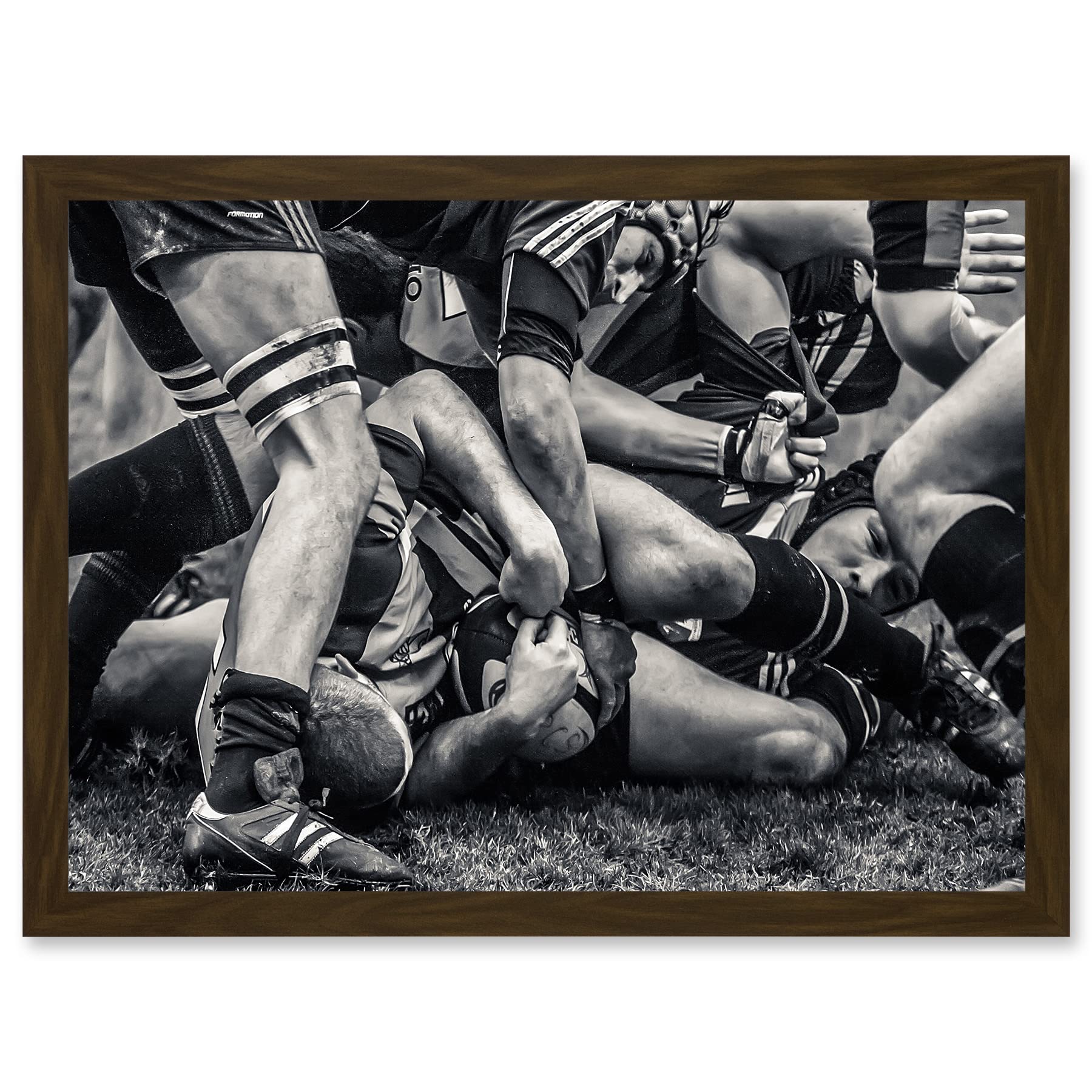 Artery8 B&W Rugby Match Close Up Scrum Teams HDR A4 Artwork Framed Wall Art Print