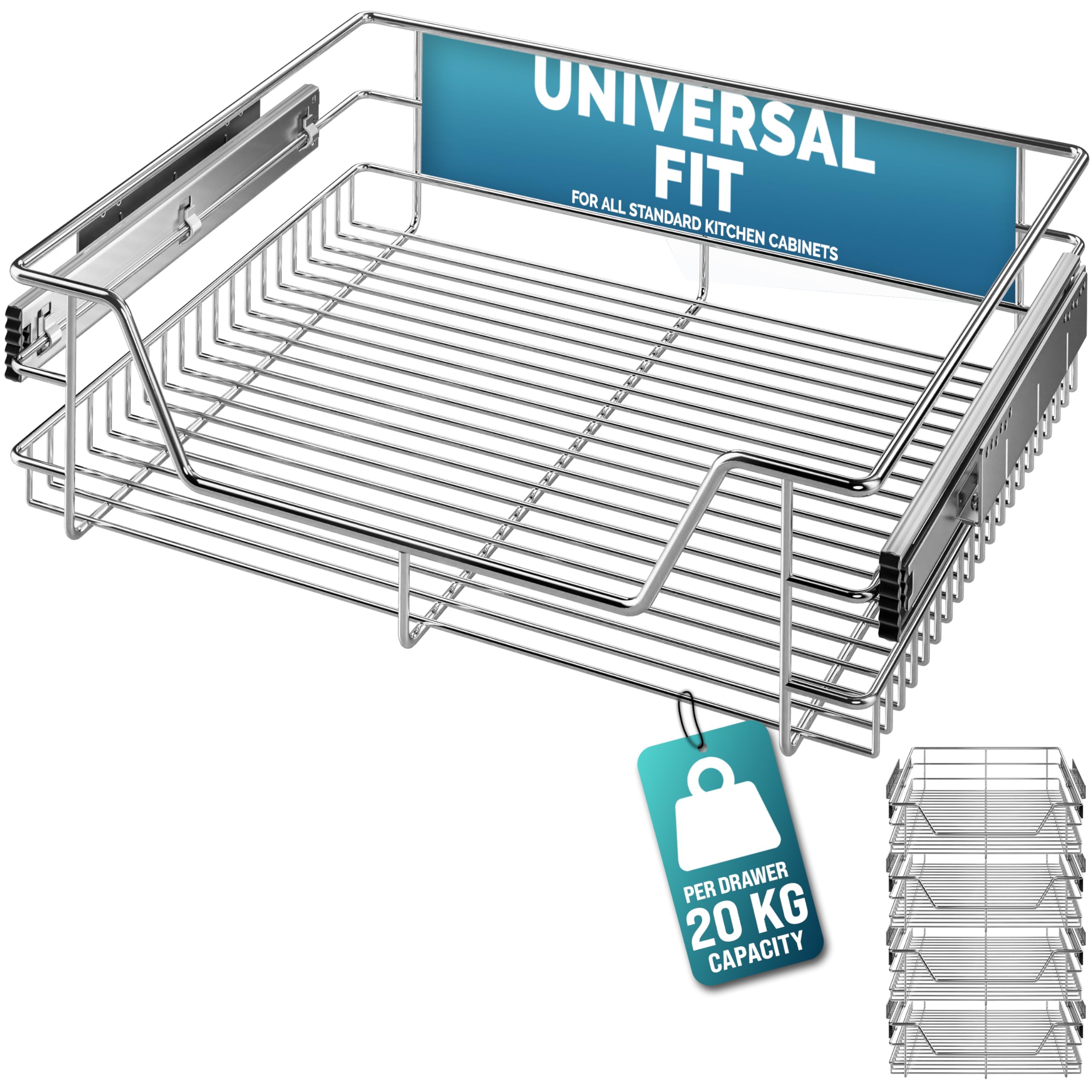 CASARIA® 4x Pull Out Telescopic Kitchen Drawer | For 60cm Units - 56cm Internal Cabinet Dimensions | Chrome-Plated | 20kg Load Capacity | Basket Shelf Organiser Storage Space Saving
