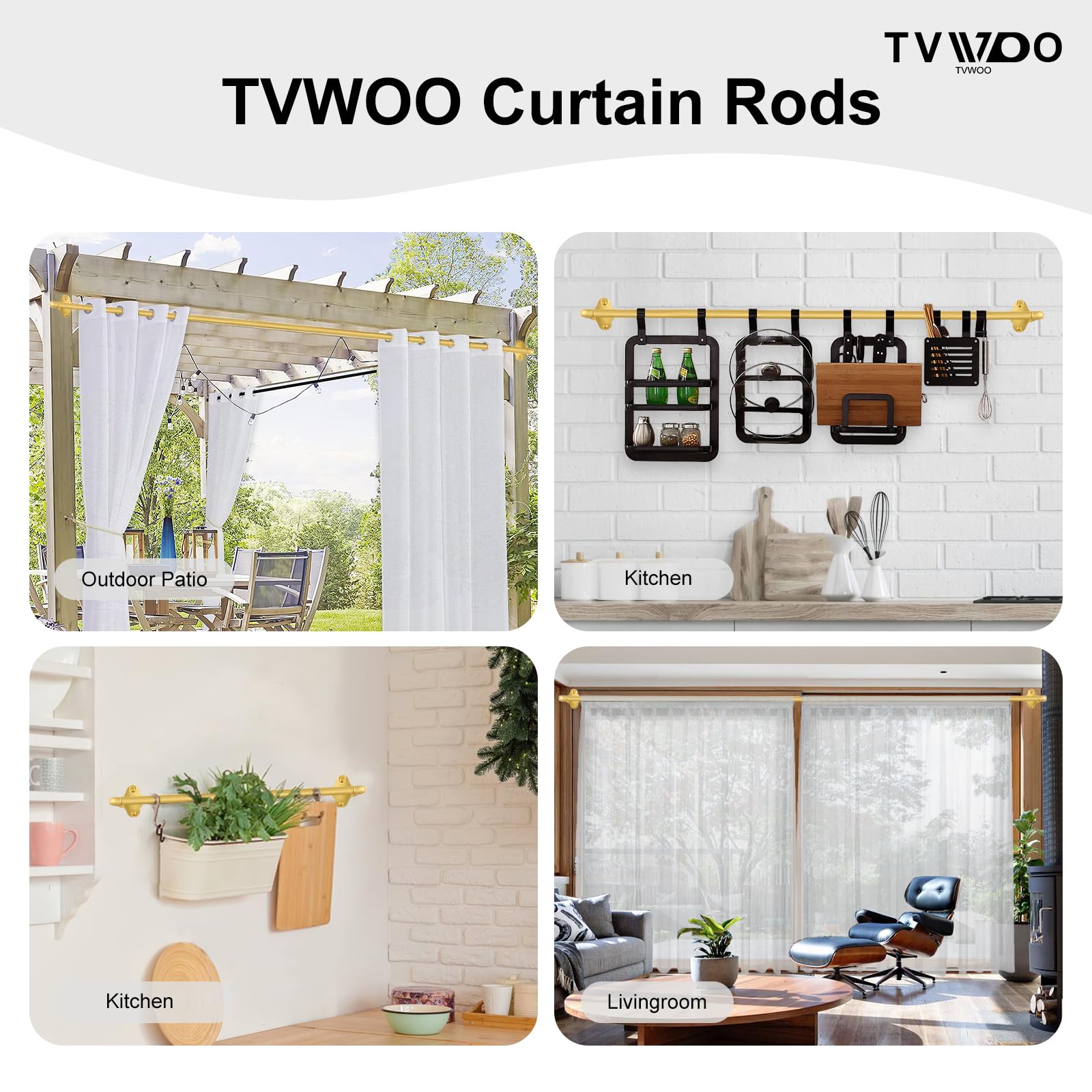 TVWOO Tringles à rideaux enveloppantes occultantes et ajustables de 1,6 cm de diamètre pour obscurcissement de chambre, cuisine, appartement, faciles à installer, 167,6 à 304,8 cm, laiton doré