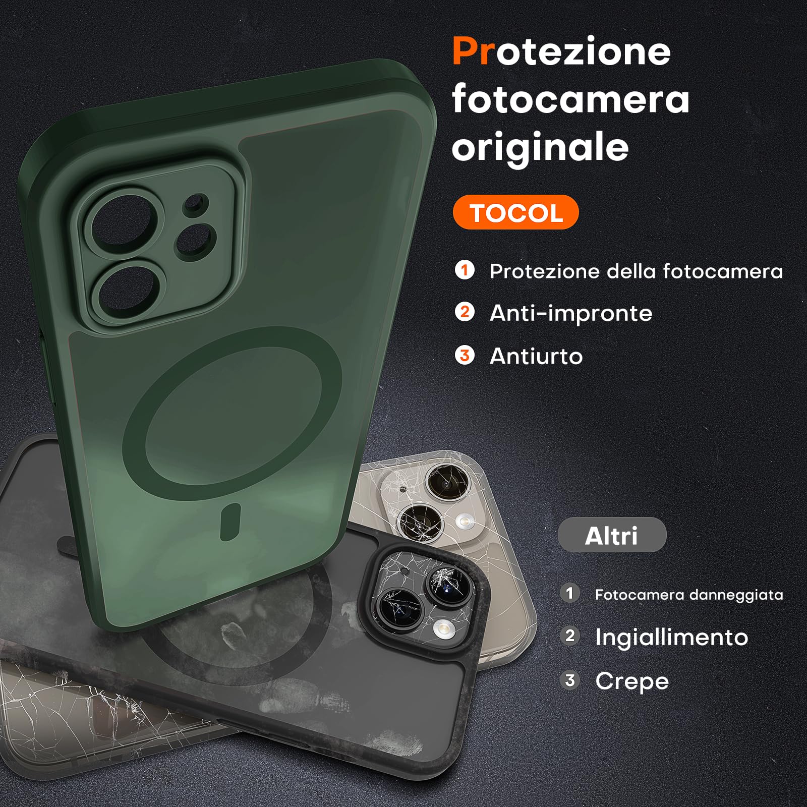 TOCOL Cover Magnetica per iPhone 12 6,1 Pollic, Compatibile con MagSafe, Protezione Fotocamera Integrata, Custodia Antiurto Traslucida Opaca, Verde Alpino