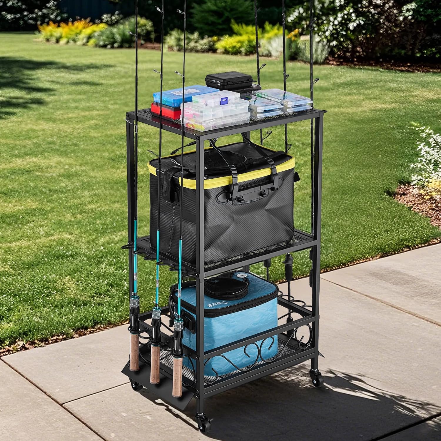VEVOR Fishing Rod Holder for 10-Rods, Mobile Fishing Pole Rack Cart with Wheels, Fish Gear Equipment Organizer for Garage Home Indoor Use, for Tackle Box Reel Accessories Storage, Gifts for Men