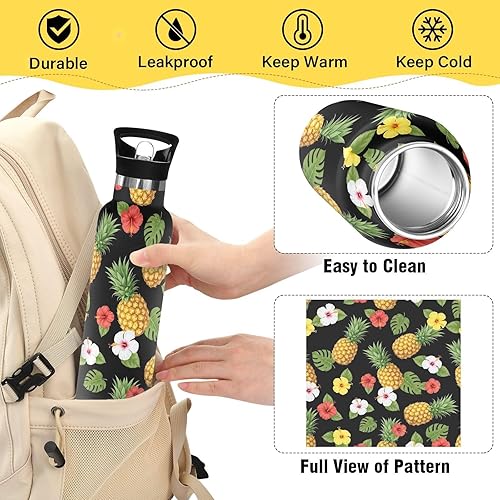 Miniatura 4 de Kids Water Bottle Leakproof Insulated Water Bottle with Straw 20oz, BPA-Free, Yellow Pineapples Colorful Hibiscus