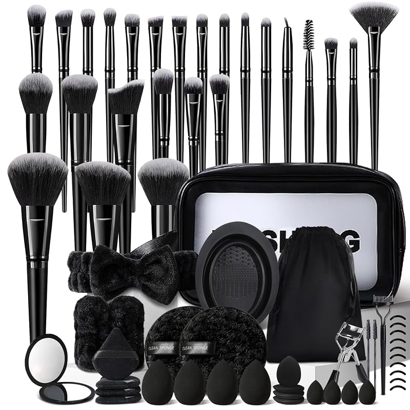 MZGGDM Kit com 64 pincéis de maquiagem pretos e estojo