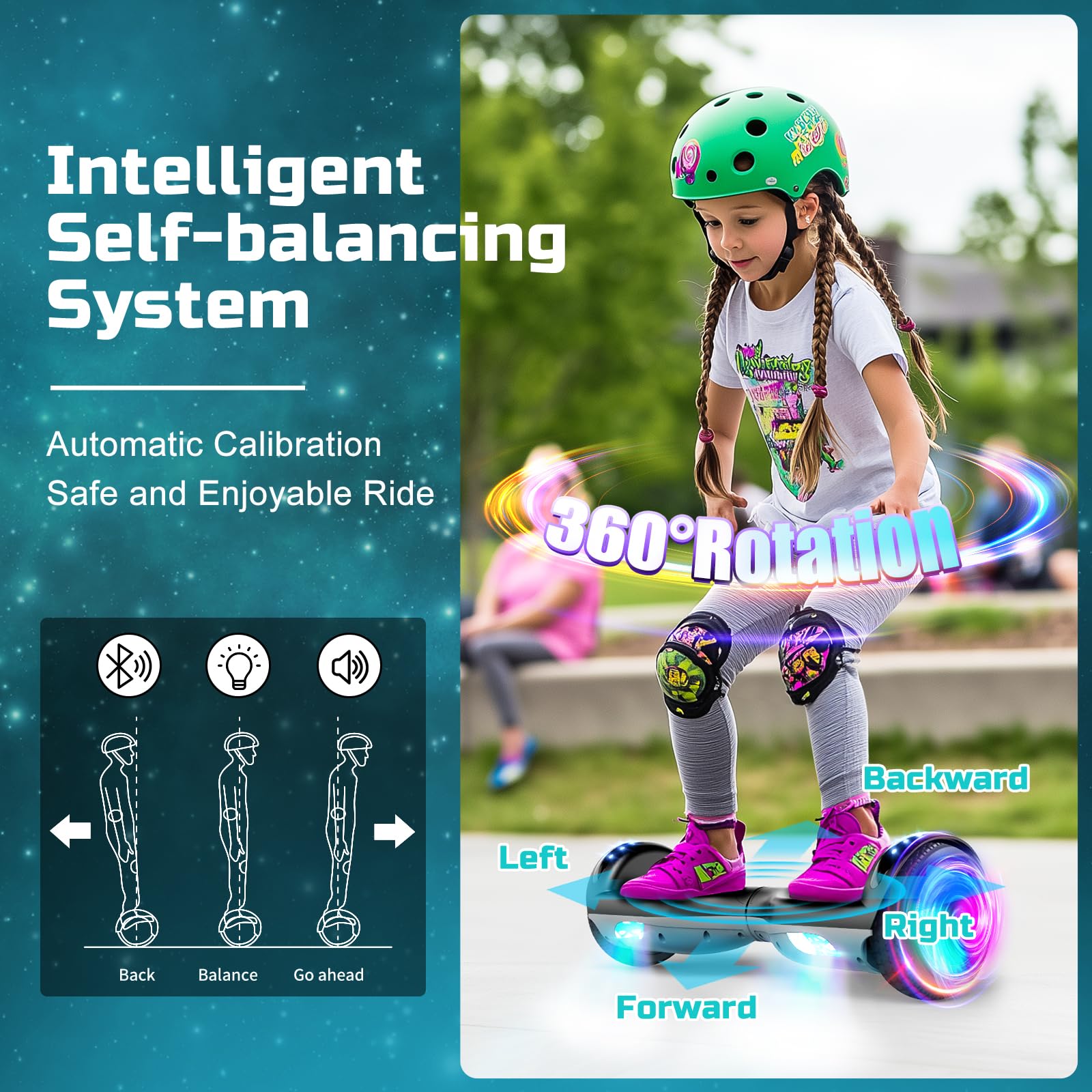 Hoverboard, hoverboard a due ruote da 6,5 pollici con altoparlante Bluetooth, luci LED colorate, regalo per bambini e ragazzi