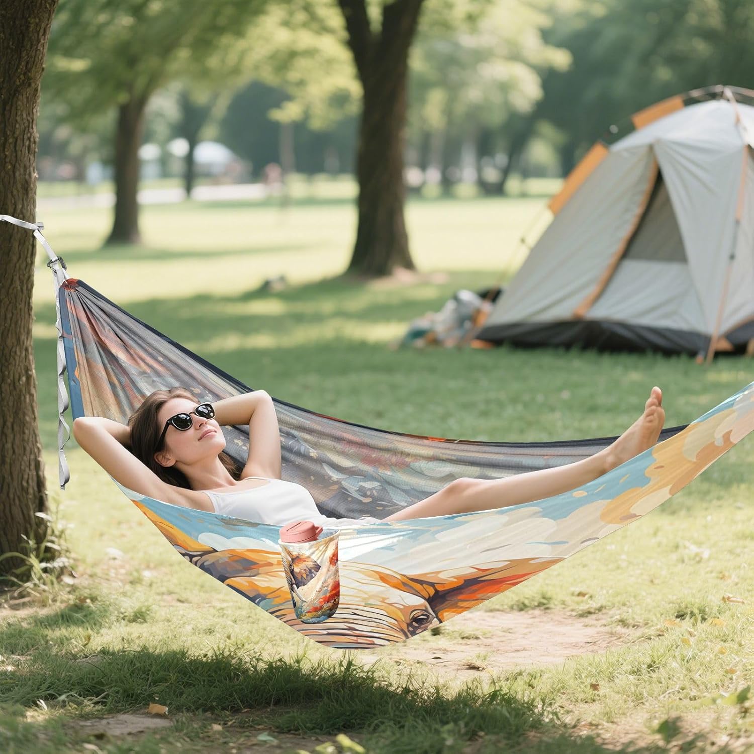 ALAZA Elephant in Forest Camping Hammocks Single or 2 Person 500 lbs Portable Parachute Travel Hammock w/Tree Straps for Hiking Backpacking Indoor Outdoor