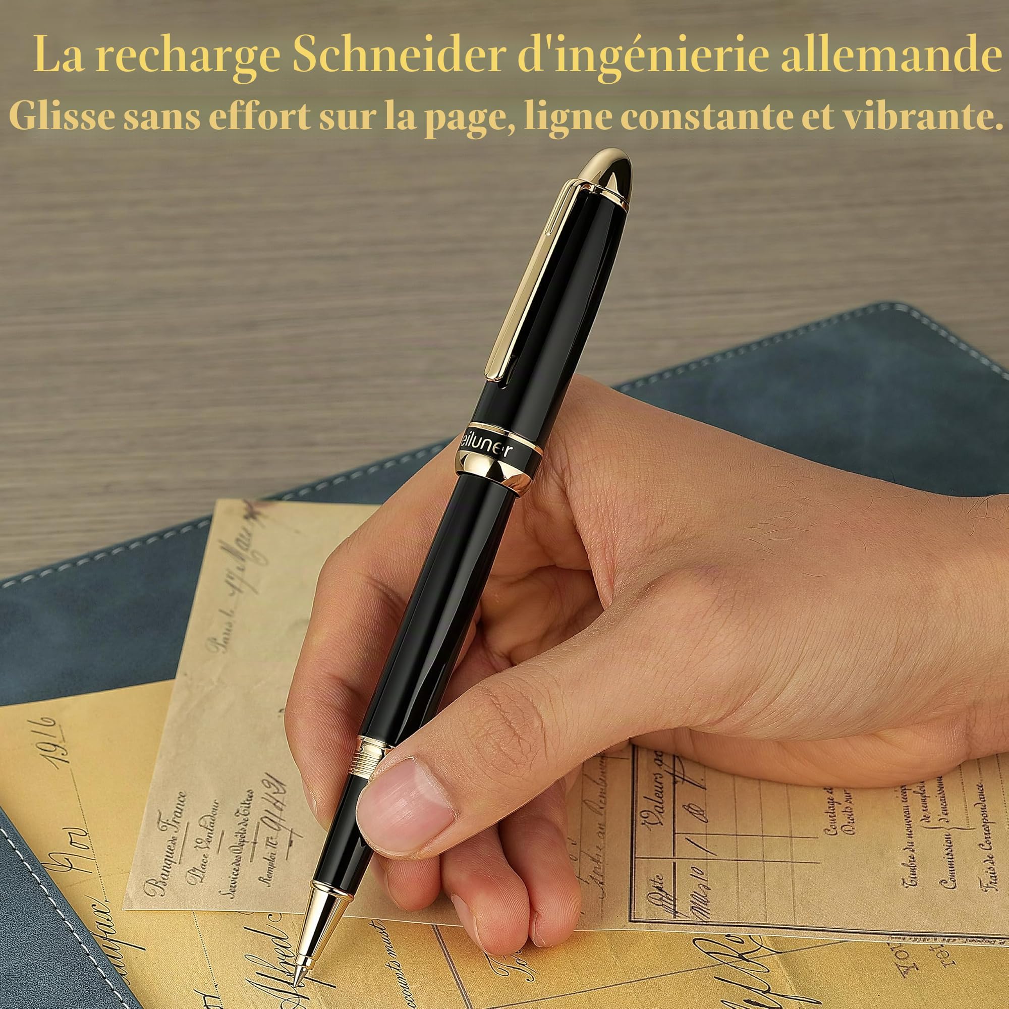 BEILUNER 315 Stylo Bille Roller de Luxe, Finition Or 24K Premium et Laqué Piano Élégant, Set Cadeau Cadre pour Professionnels et Diplômés, Stylo Bureau Raffiné - Noir & Or