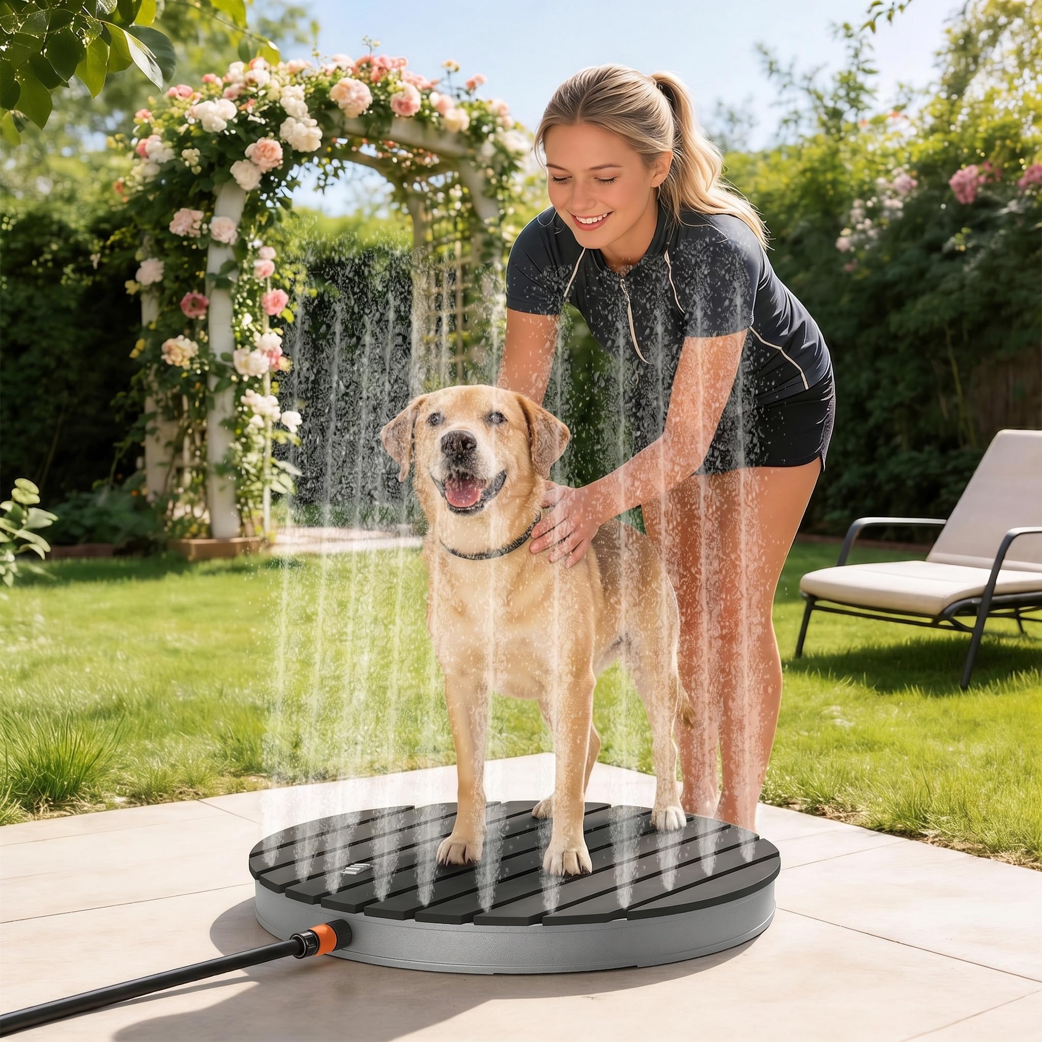 YRHome Gartendusche,Bis 4 m Fontänenhöhe Bodendusche,Aluminium/WPC Campingdusche Mit rutschfeste Standfläche&Fußrad Holzoptik für Garten Pool Dusche(Rund-Anthrazit)