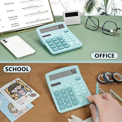 Miniatura 5 de Bonita calculadora de escritorio azul claro con botones grandes, fuente de alimentación doble, energía solar y batería, pantalla de visualización