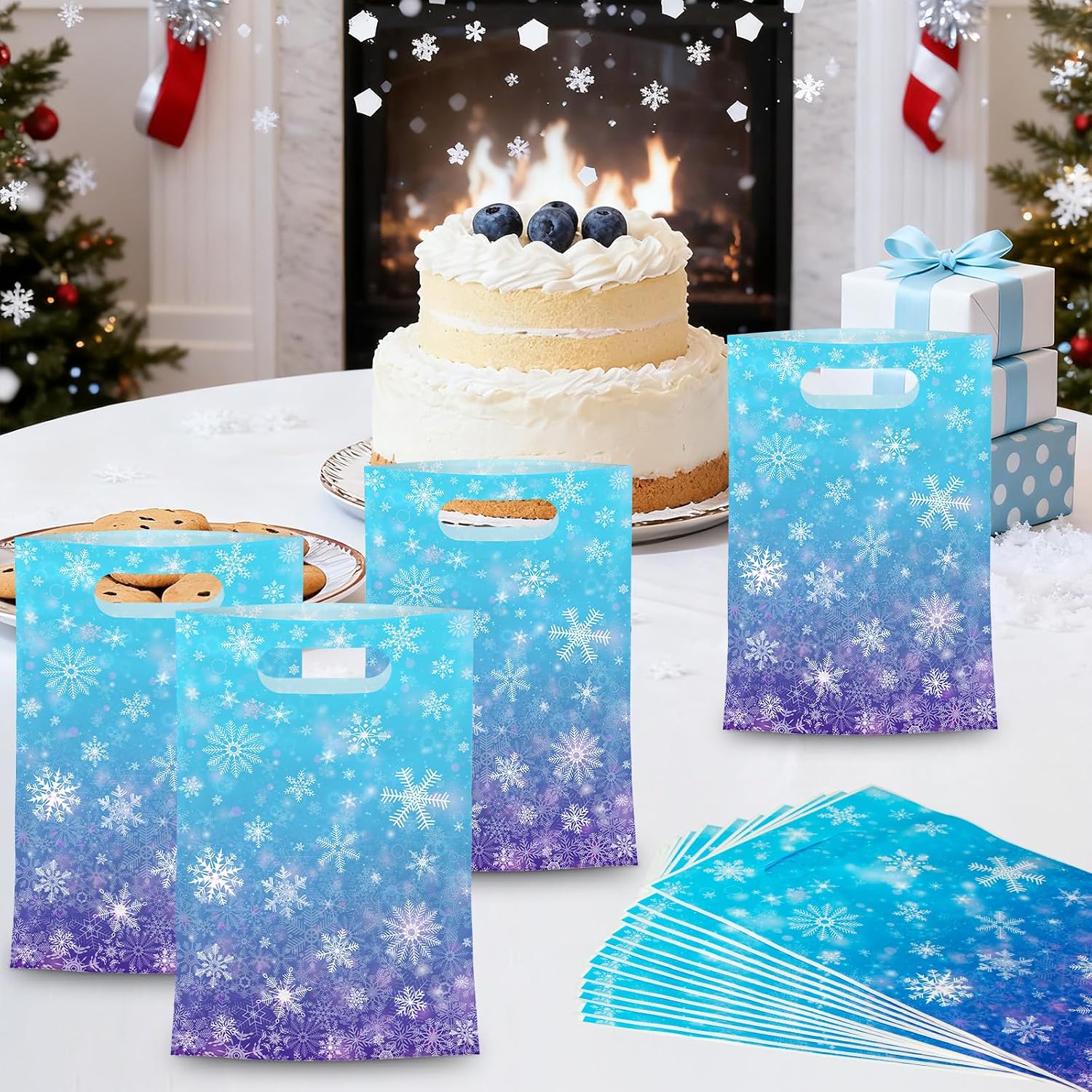 50 Pcs Winter Snowflake Gift Bags, Plastic Frozen Goodie Bags with Handles, Blue and Purple Candy Goodie Party Favor Bag for Winter Wonderland Christmas Birthday Decorations Frozen Party Supplies image 2