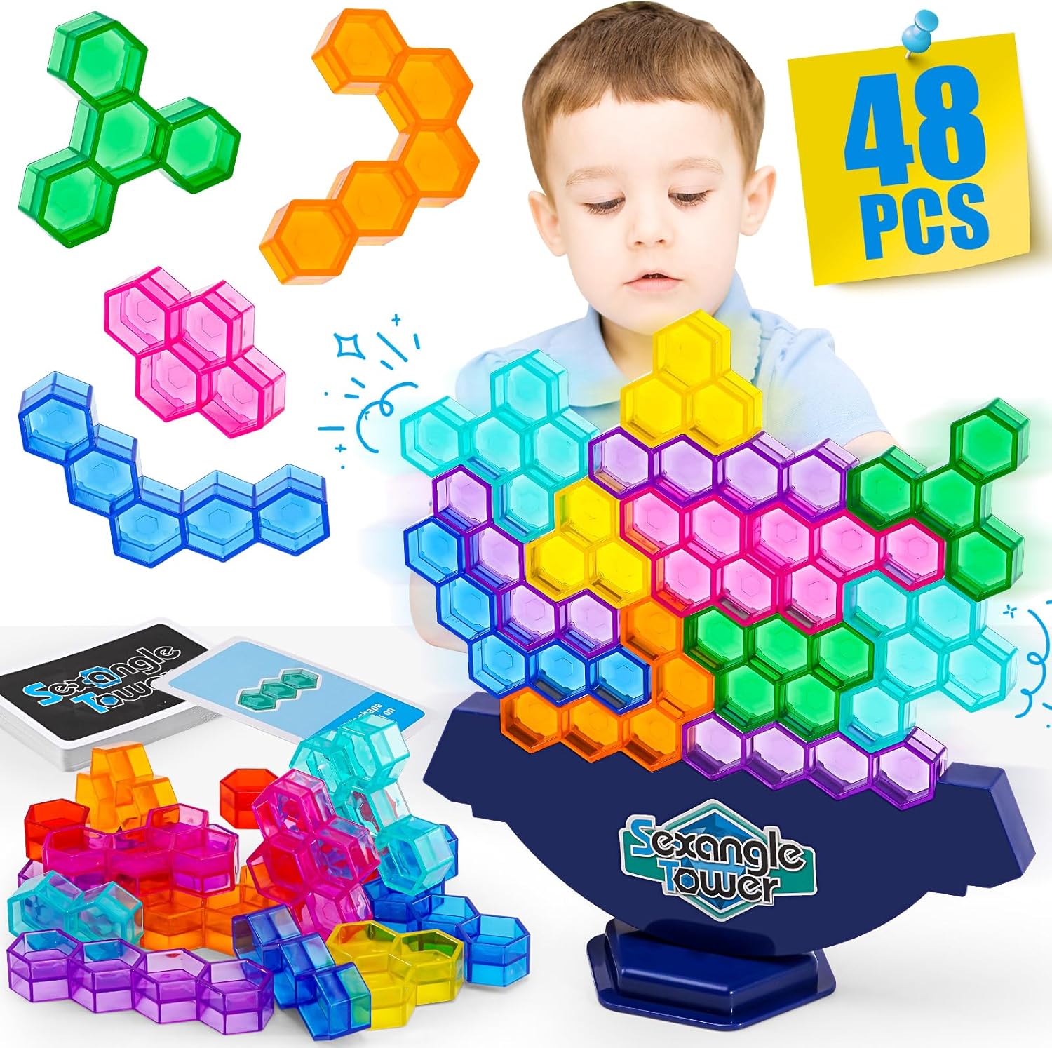 Amazon.com: PANPAPA 48Pcs Stacking Tower Game,Hexagon Diamond Stack ...