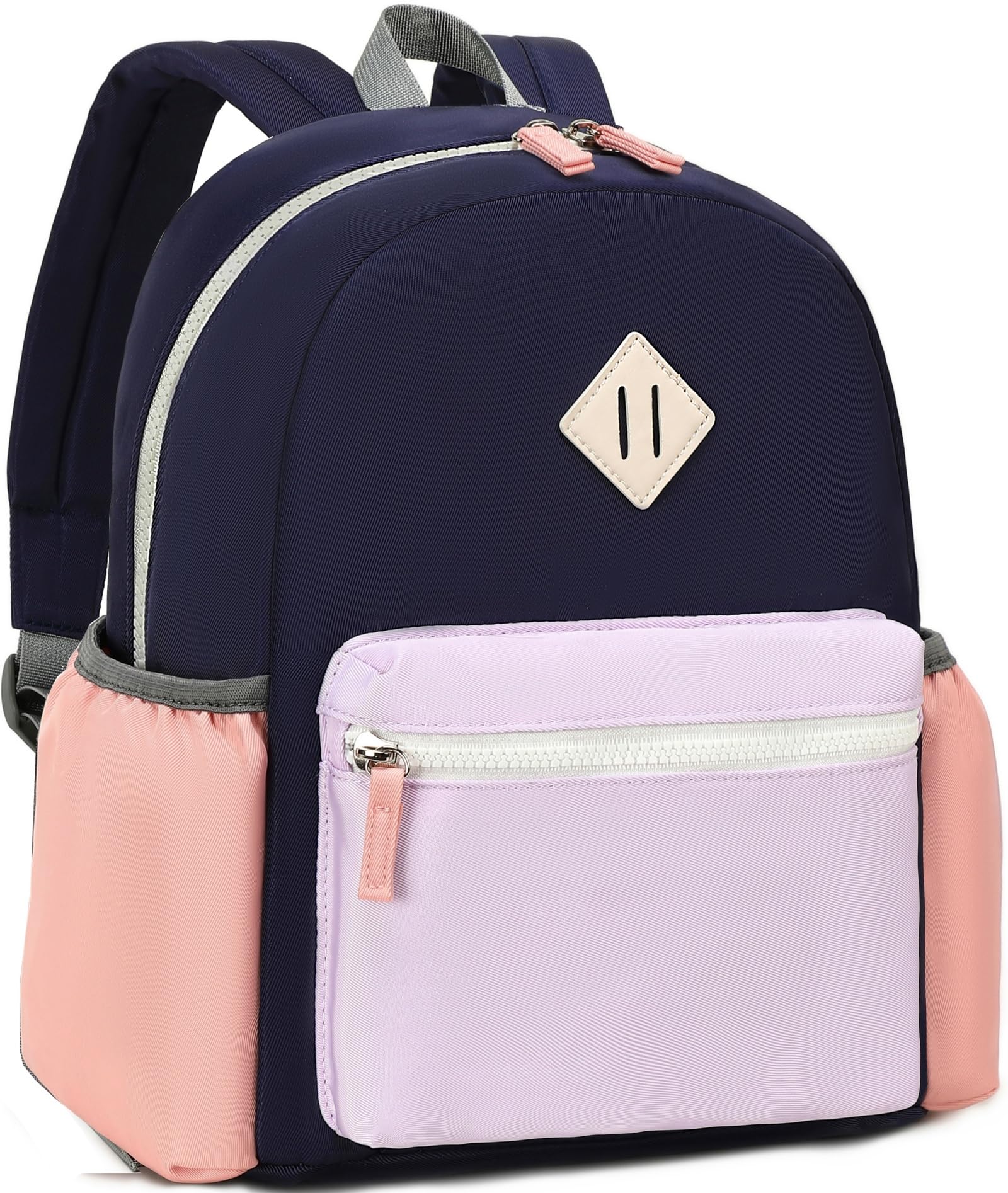 A stylish backpack with a navy blue main section, light pink front pocket, and peach side pockets. Perfect for elementary schoolers, it's one of the best backpacks for elementary school with gray straps and pink zipper pulls.