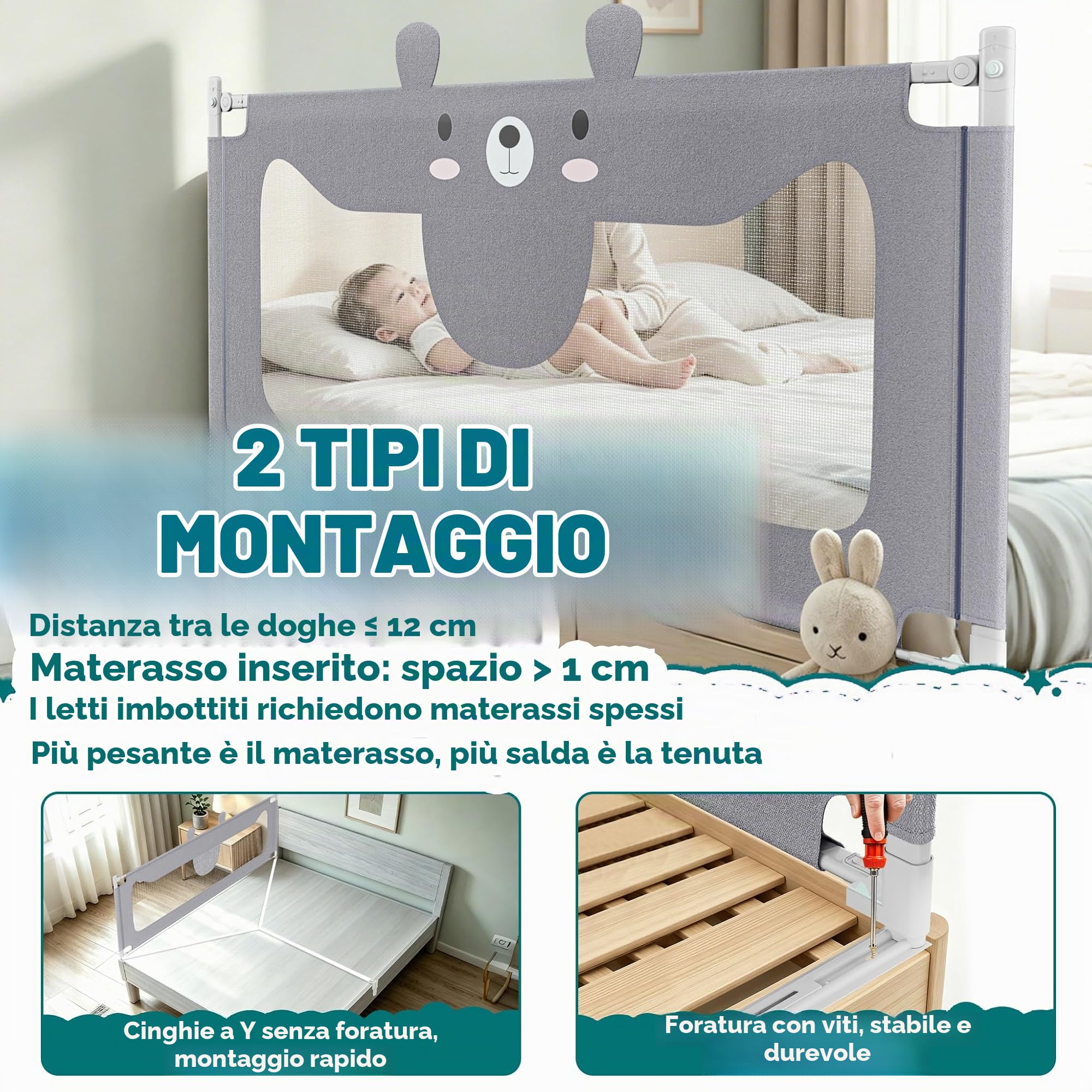 LARS360 Griglia di sicurezza per lettino, 200 cm, per bambini e neonati