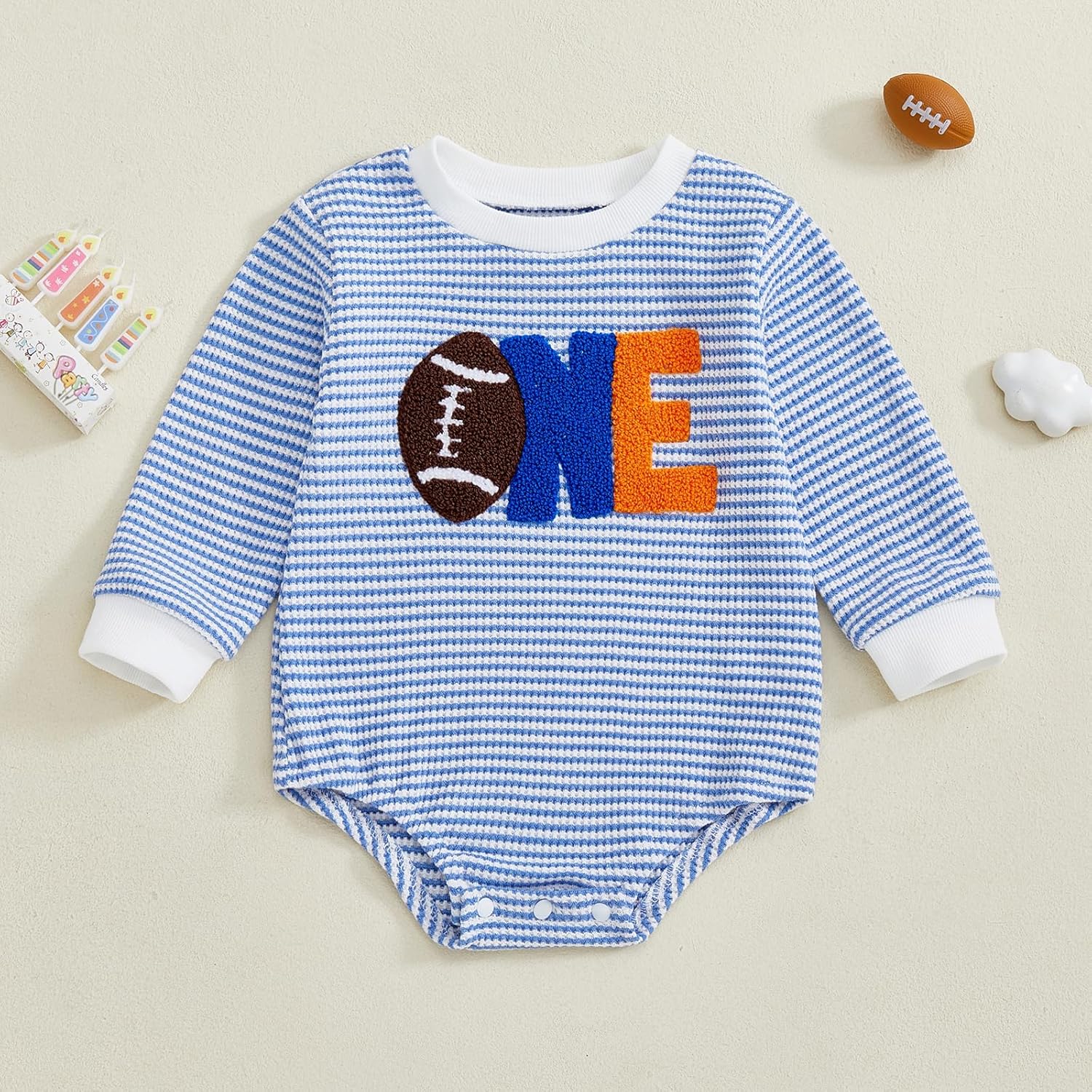 Baby Boy Girl 1st Birthday Outfit Football ONE Striped Print Waffle Romper Long Sleeve Fall Jumpsuit Onesie - Image 3