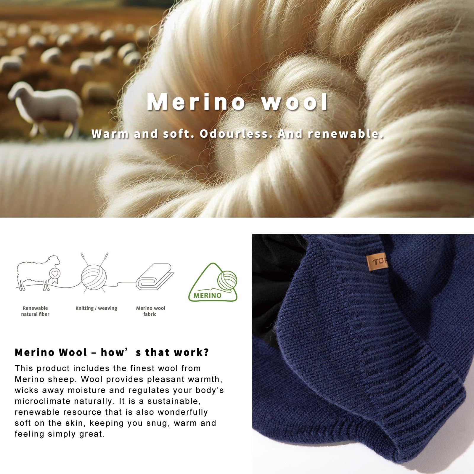 TOP-EX DryKnit - Gorro impermeable de 80 % lana merino, con orejeras, forro polar cálido para invierno, para clima frío, estilo unisex, 55-66 cm