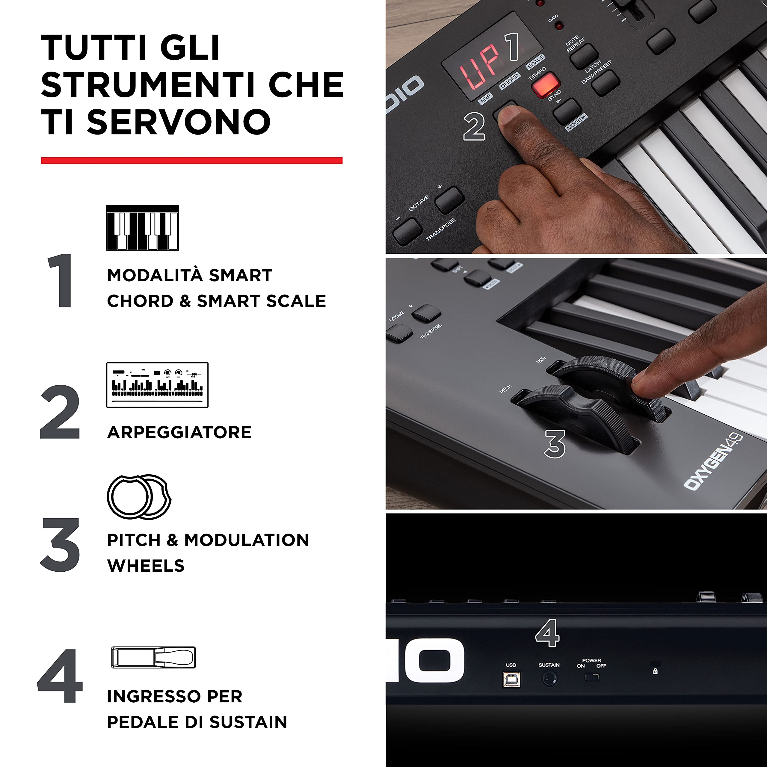 M-AUDIO Oxygen 49 (MKV) - Tastiera-controller USB MIDI a 49 note con pad Beat, Smart chord, modalità Scale, arpeggiatore e pacchetto Native Instruments Sound (integrazione NKS)