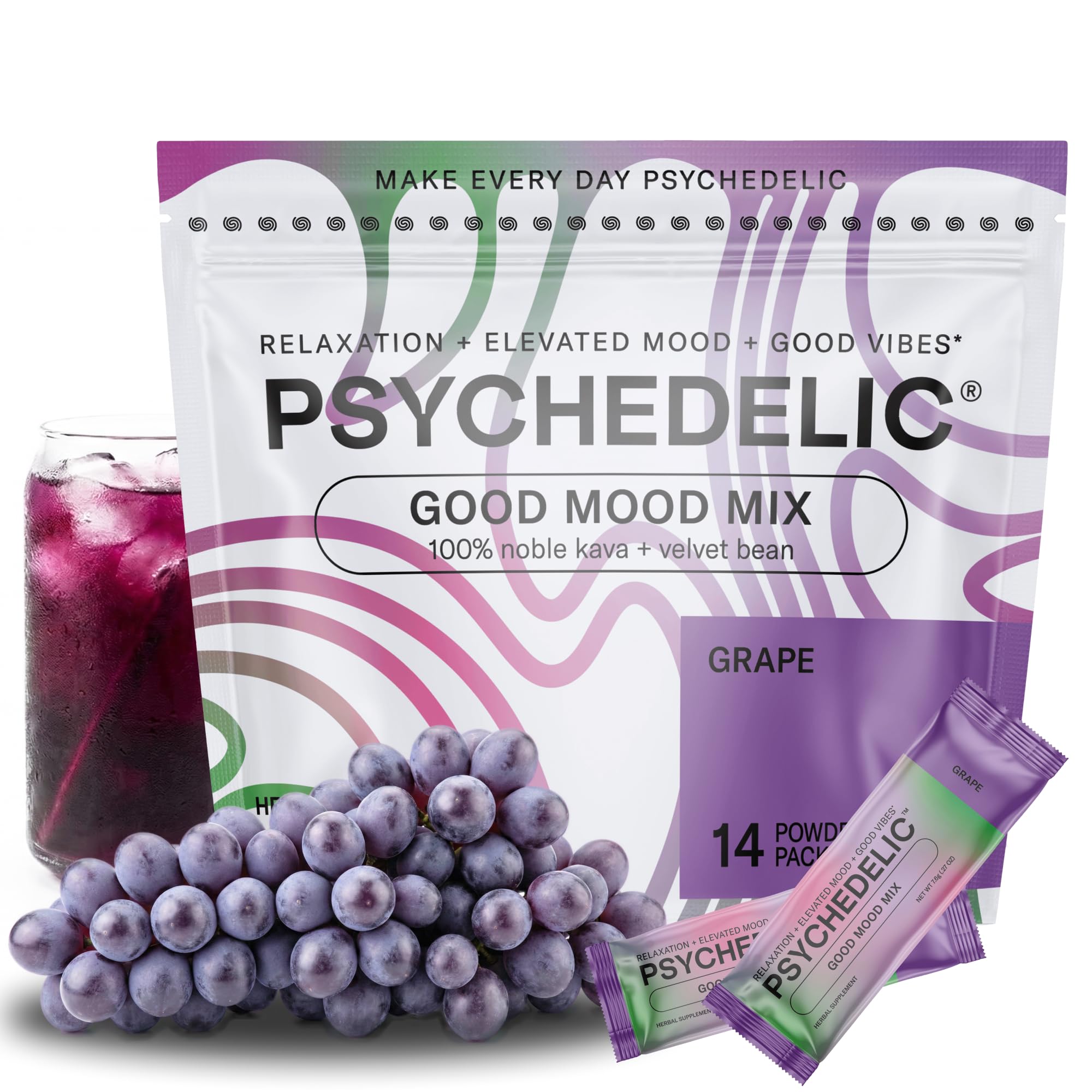 Psychedelic Water Calming Kava Drink Mix (14x5.5g) Flavored Kava Powder - Calming Drink Powder Packets - Easy Open Single Serving Drinks - 14 Calm Packets - Grape