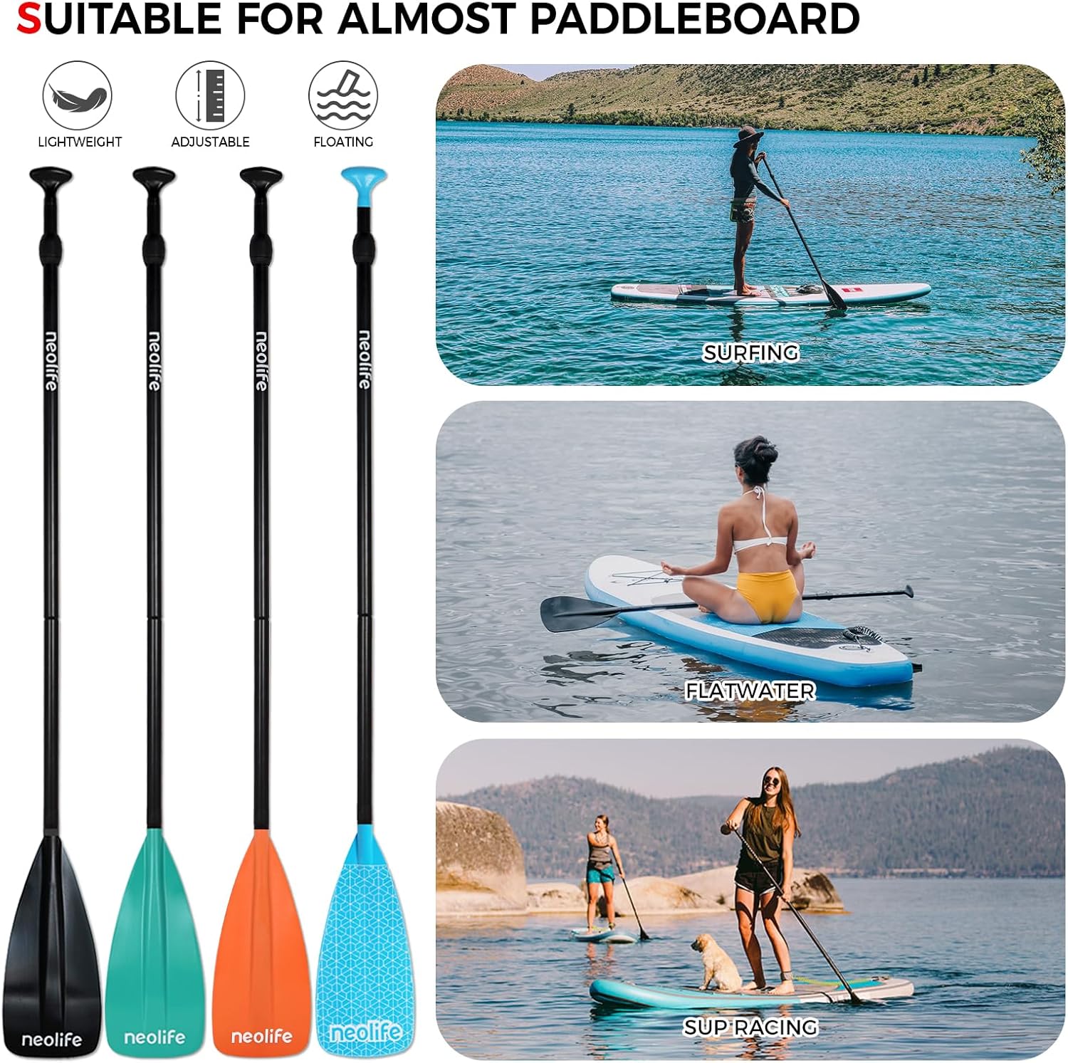 SUP Paddleboard Paddle with Aluminium Shaft and Enhanced PP Blade, Adjustable Stand Up Paddle Board Paddle, 66-82" (170-210 cm)