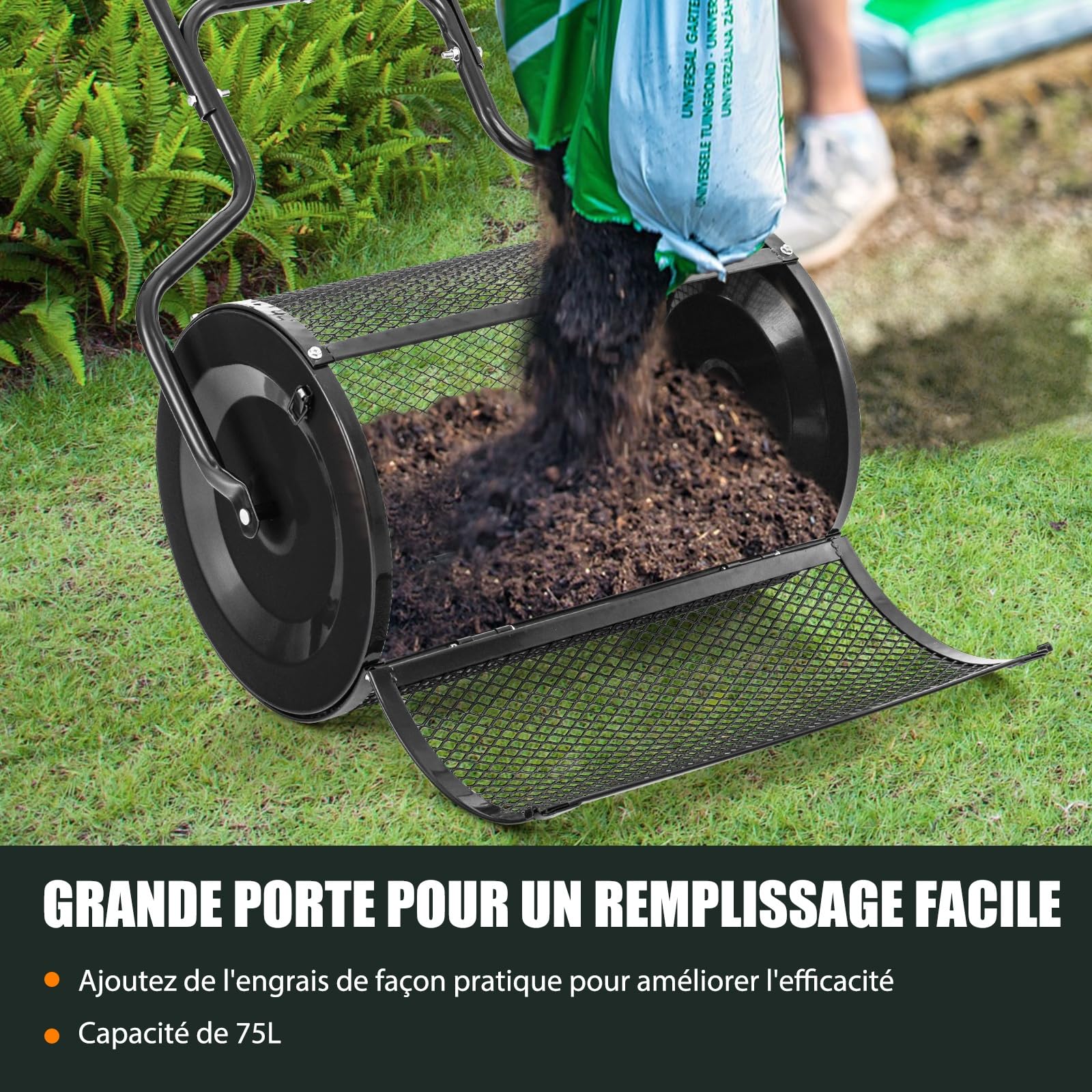 GOPLUS Épandeur de Compost d68cm pour Pelouses et Jardin, Capacité 75L, Épandeur en Treillis Métallique avec Double Loquets Latéraux, Épandeur de Fumier, de Terreau et de Paillis Roulant (Noir)