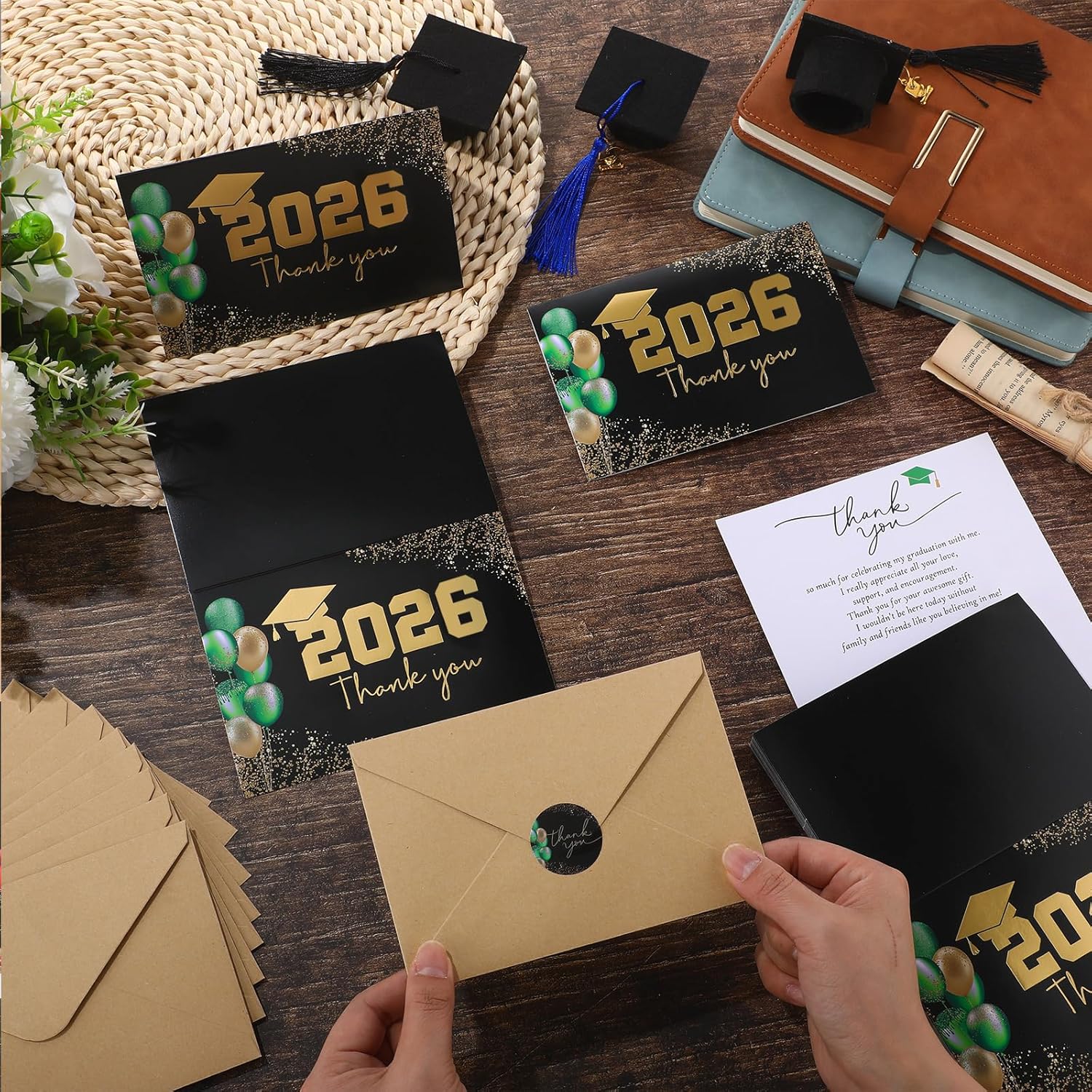 Motiskyy 50 Sets Bulk Graduation Thank You Cards 2026 Graduation Card with Envelopes and Stickers College Prom Balloons Thank You Notes Greeting Card for Guest Family Teacher(Green)